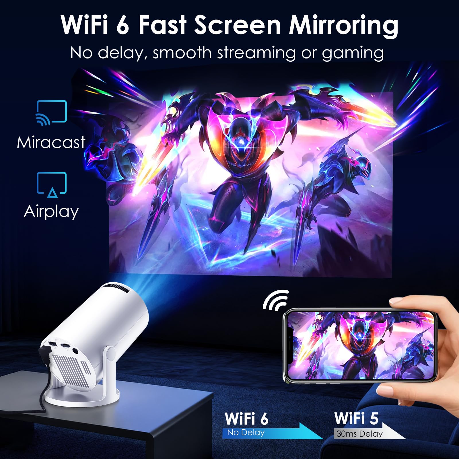 [App integrate e Android 11.0] Proiettore portatile WOLFANG 20000 Lux 4K supportato rotazione a 180° e Keystone automatico, compatibile con TV Stick/Windows/iOS/Android/HDMI/USB (1080P)