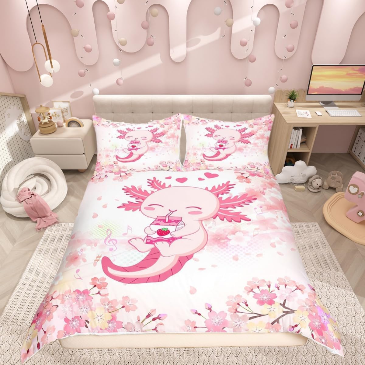 Manfei Cute Axolotl Duvet Cover Set Single Size,Pink Flowers Green Grass Bedding Set 2 pcs, Kawaii Animal Quilt Cover for Kids Teens Adults Room Decor,1 Pillowcase,No Comforter โ image 1