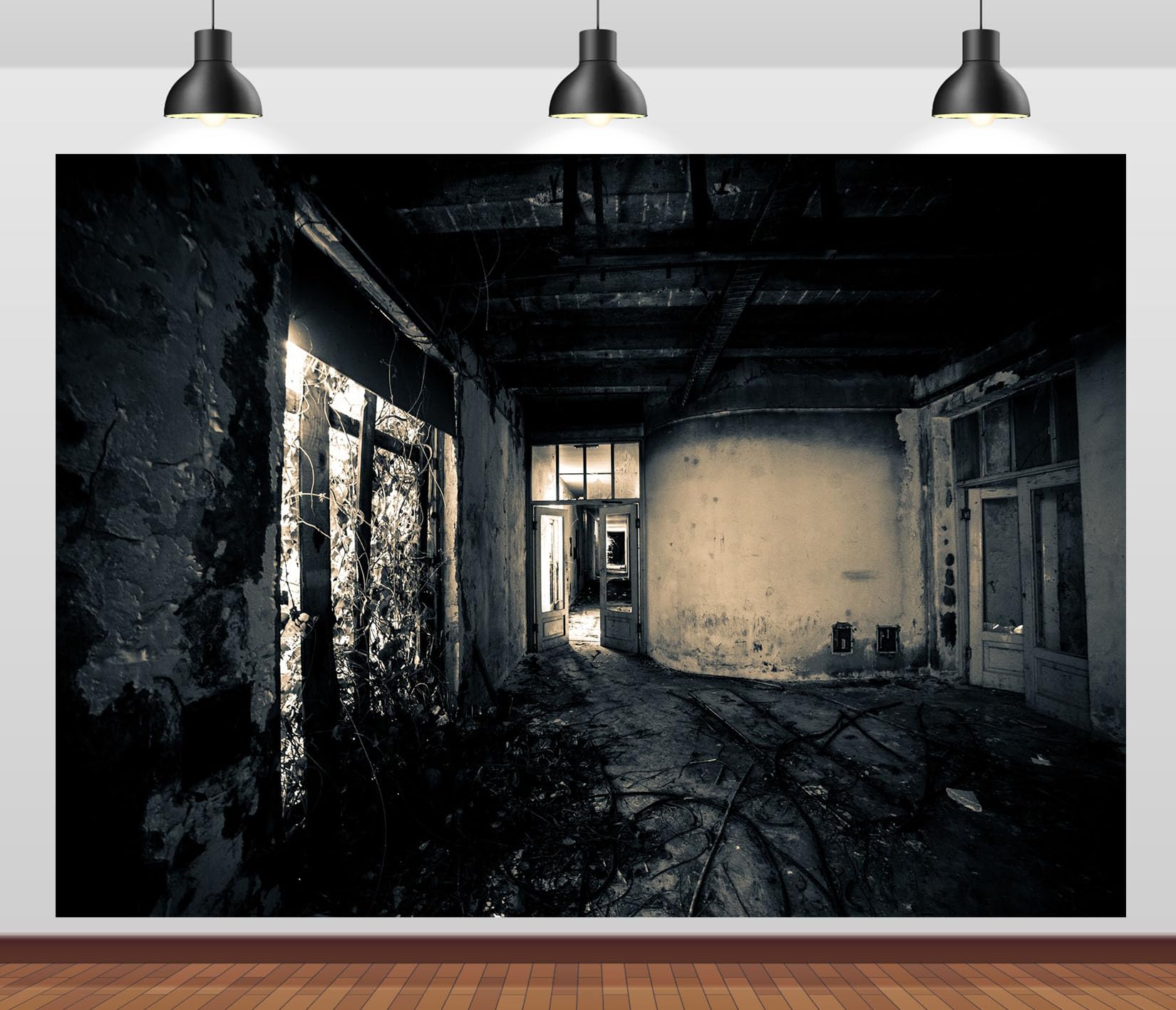 15x8FT (4.6x2.5m) Interno Abbandonato In Bianco E Nero Sfondo Fotografico | Stanza Buia Diroccata Fondale In Tessuto,Pavimento Rotto Pareti Danneggiate,Per Eventi Infestati E Foto Horror,Photo Booth