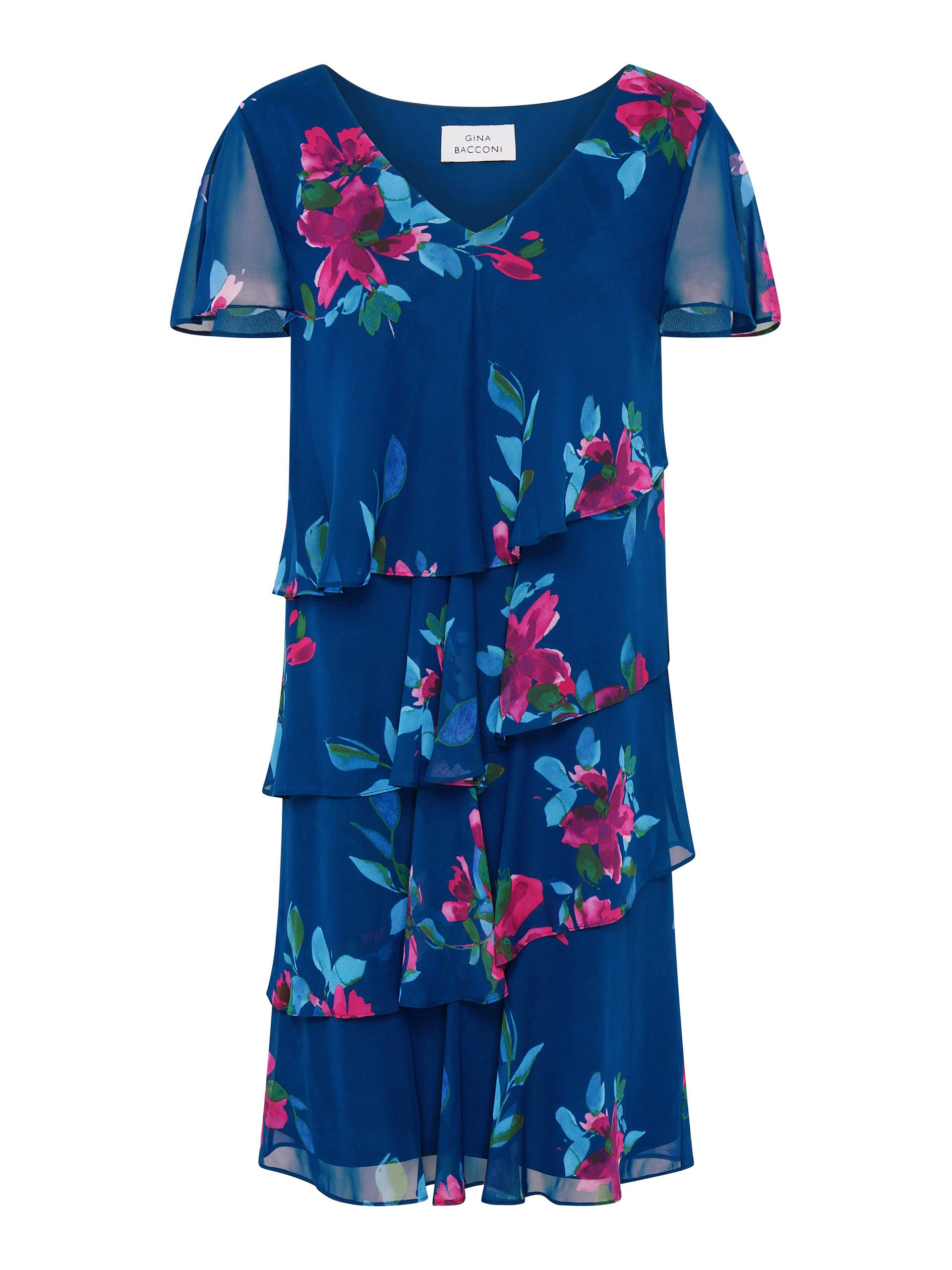Gina Bacconi Womens Tiered Floral Chiffon Cocktail Dress, Navy/Multi, 18 UK