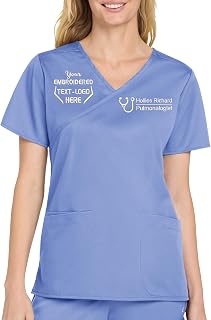 Custom Embroidered Mock Wrap Scrub Top for Women, Modern Fit Medical Uniform with Storage Pockets, Personalized Scrub Top for Nurses and Healthcare Professionals, Ideal for Clinics and Medical Teams