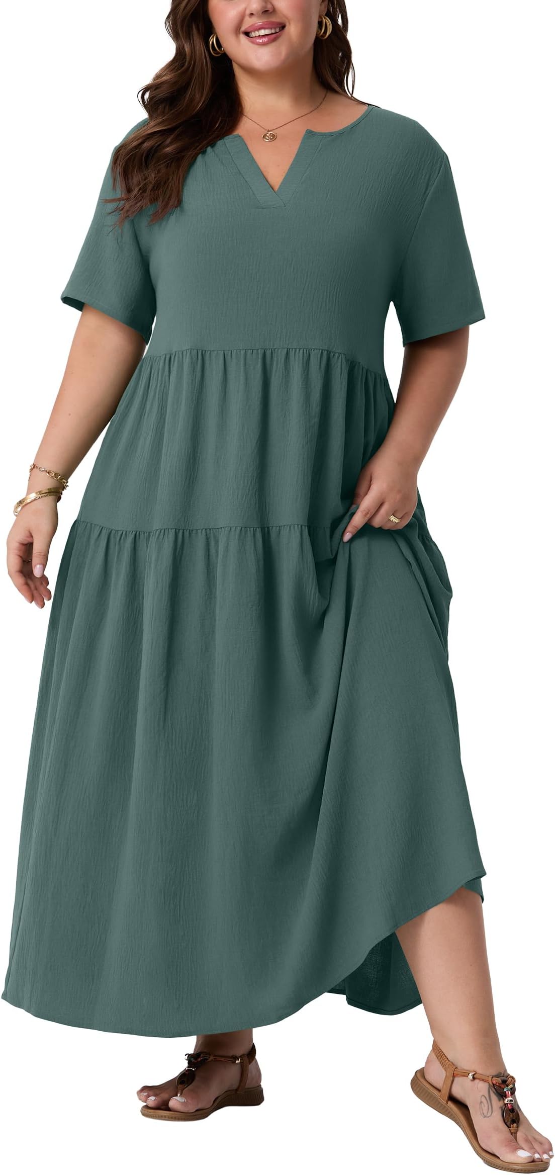 Plus Size Maxi Dresses for Curvy Women - Flowy Boho Summer Dress with Pockets, V-Neck Short Sleeve for Beach Vacation