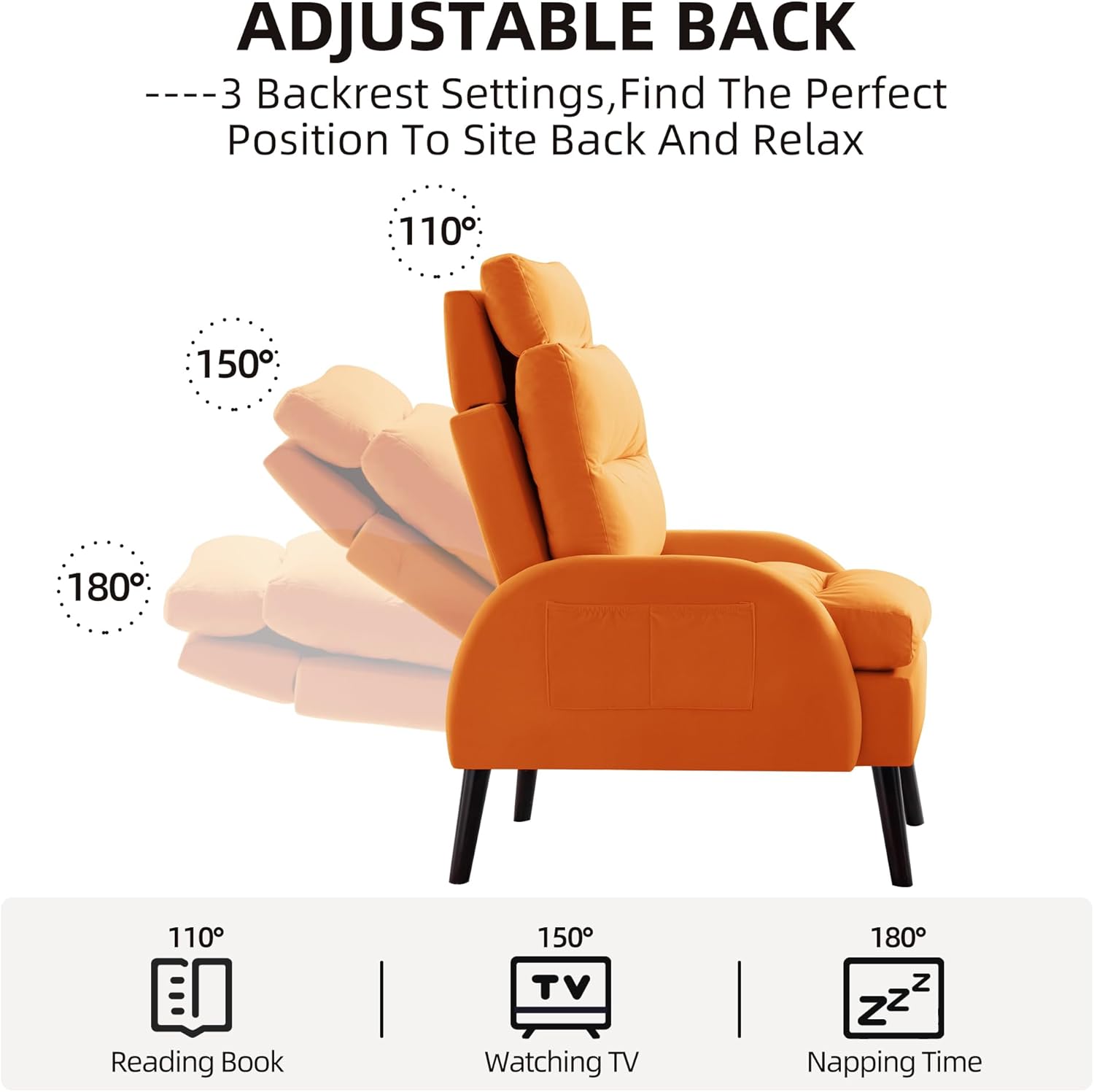 Accent Chair with Ottoman, Velvet Reclining Armchair with Adjustable Backrest, Comfy Loung Chair with Side Pocket for Living Room Bedroom Reading Room, Orange