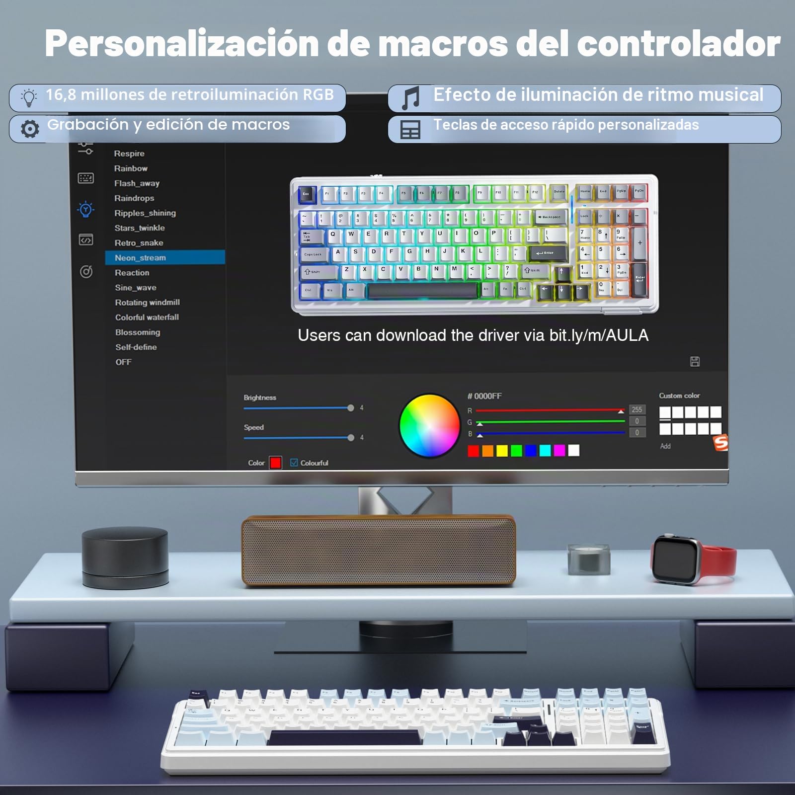 AULA F99 Teclado mecánico inalámbrico, teclado personalizable intercambiable en caliente, interruptores lineales pre-lubricados, estructura con junta, teclado para juegos retroiluminado RGB (azul y