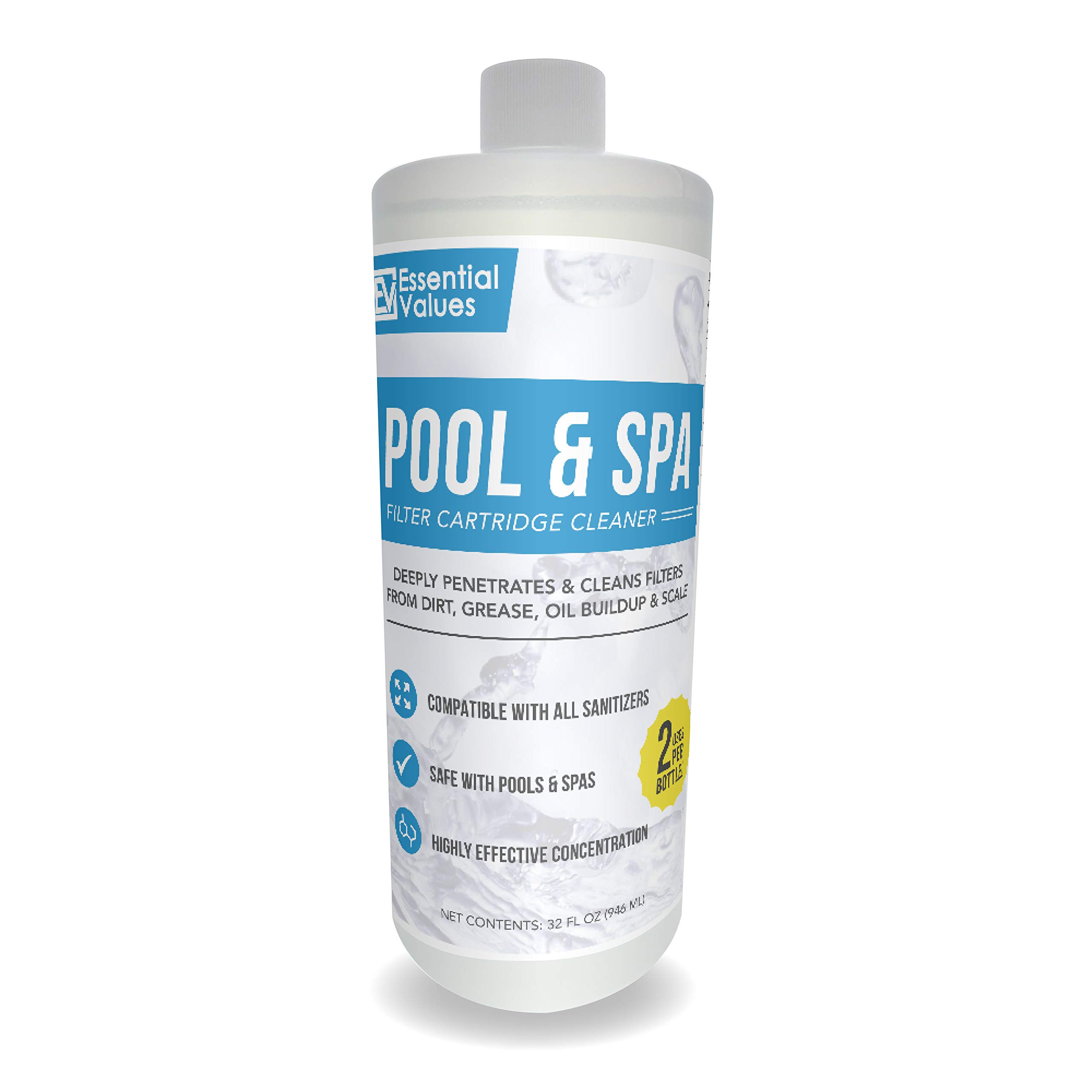 Essential Values Spa Filters Cleaner Pool Filter Cleaner (32 / 1 Quart / 2 Uses), Made In Usa Filter Cleaning Solution for Pool Spa Cartridges