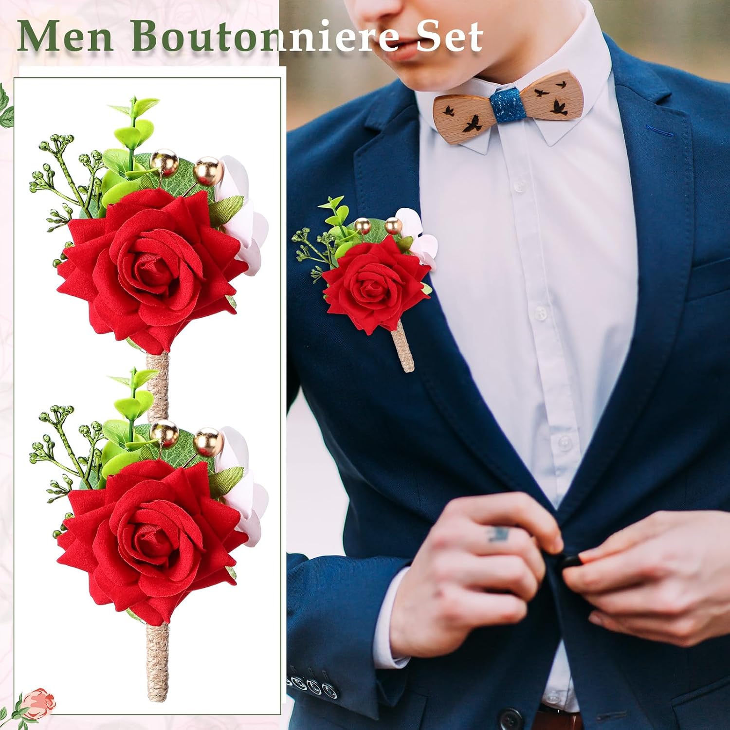 Sherr Set of 24 Red Boutonniere for Men Rose Wedding Pocket Boutonniere with Pins Groom Groomsmen Corsage Man Suit Buttonholes Flower for Anniversary Party Prom Decoration Funeral Pins image 5