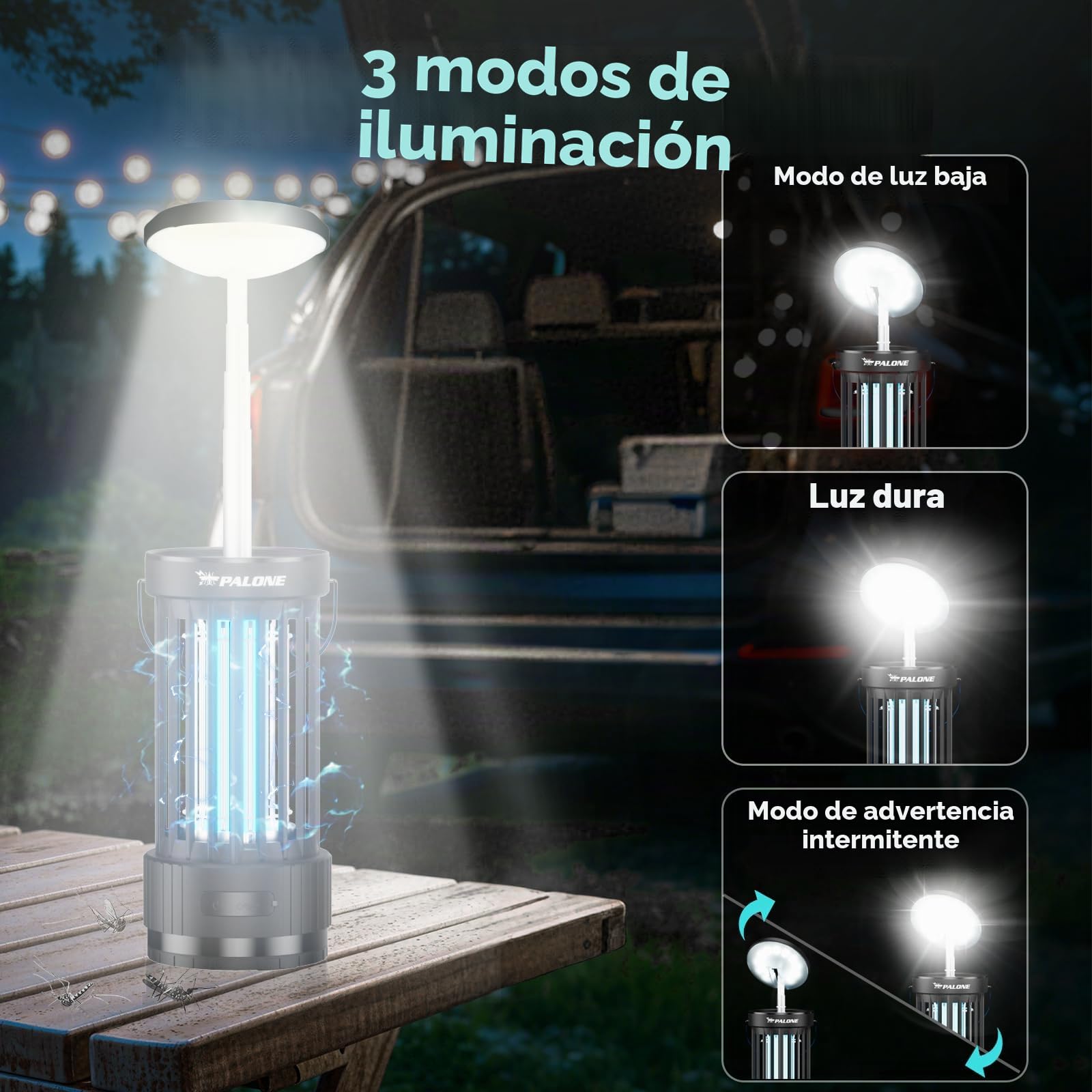 PALONE Lampara Antimosquitos Ajustable en Altura 4000mAh USB-C Mata Mosquitos Electrico UV y LED, Trampa para Moscas con Rejilla de Seguridad, Material ABS silencioso para Cocina/Balcón/Camping