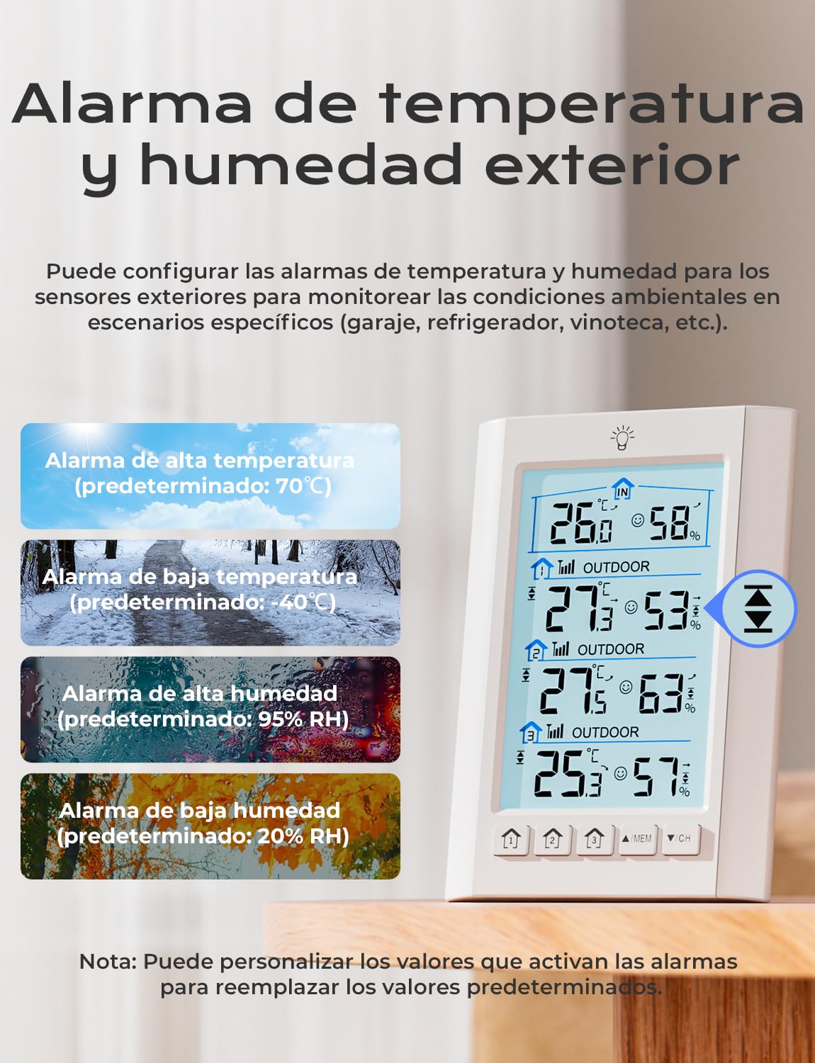 The weather station display showing customizable high and low temperature and humidity alarm thresholds for outdoor sensors.