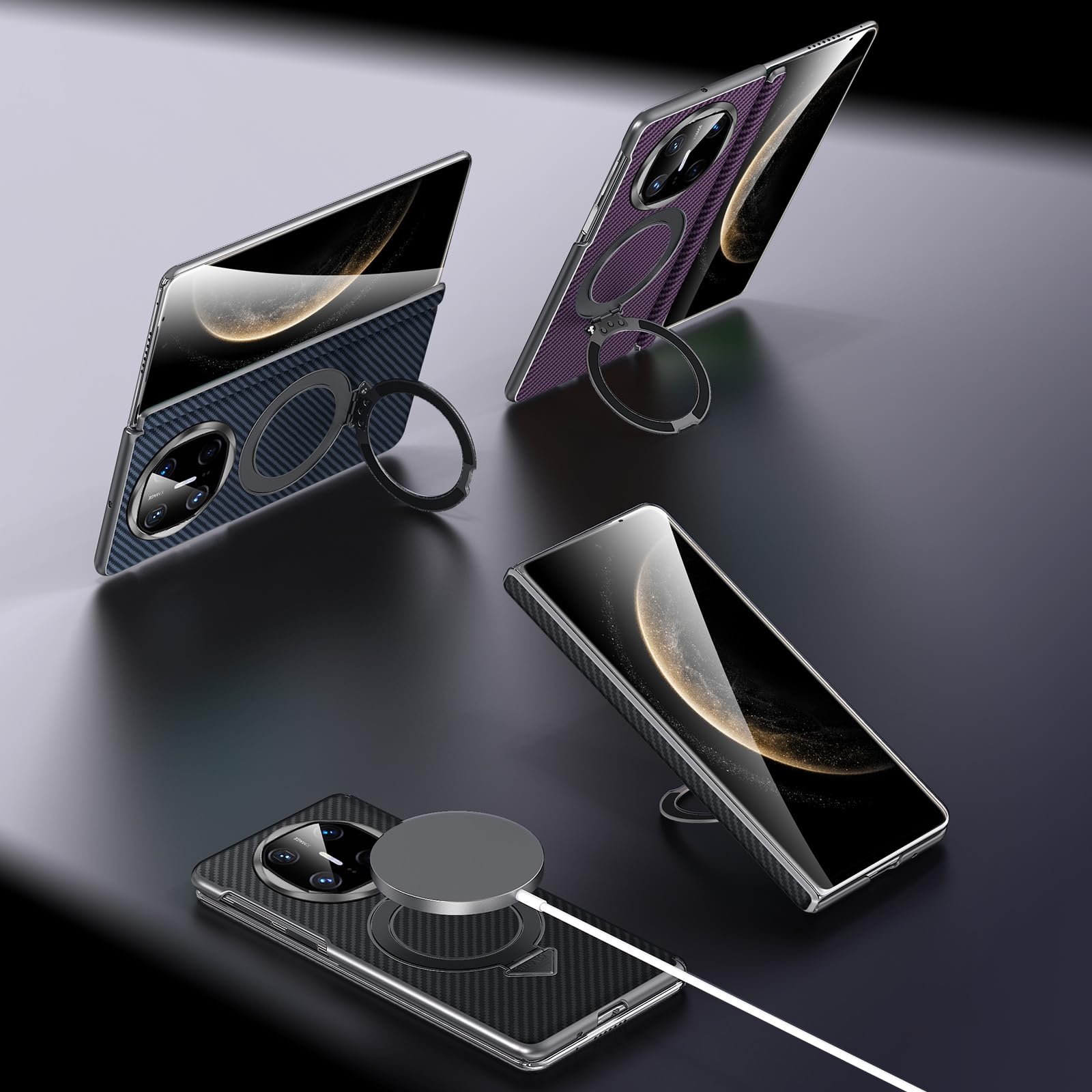 Pokrowiec ze skóry bydlęcej do Huawei Mate X6, magnetyczny uchwyt pierścieniowy z teksturą włókna węglowego etui z klapką luksusowa ochrona całego korpusu osłona z prawdziwej skóry, niebieski,