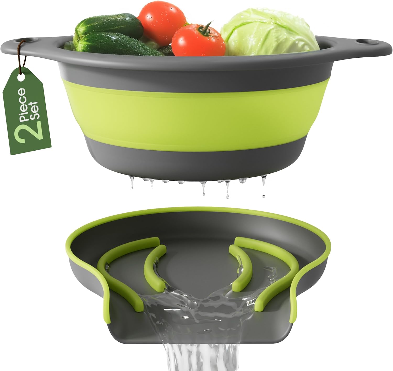Large Collapsible Colander with Self Draining Base - 5Qt Side Drain Food Strainer for Edge of Kitchen Sink (Patent Pending) Green (2 Piece Set)