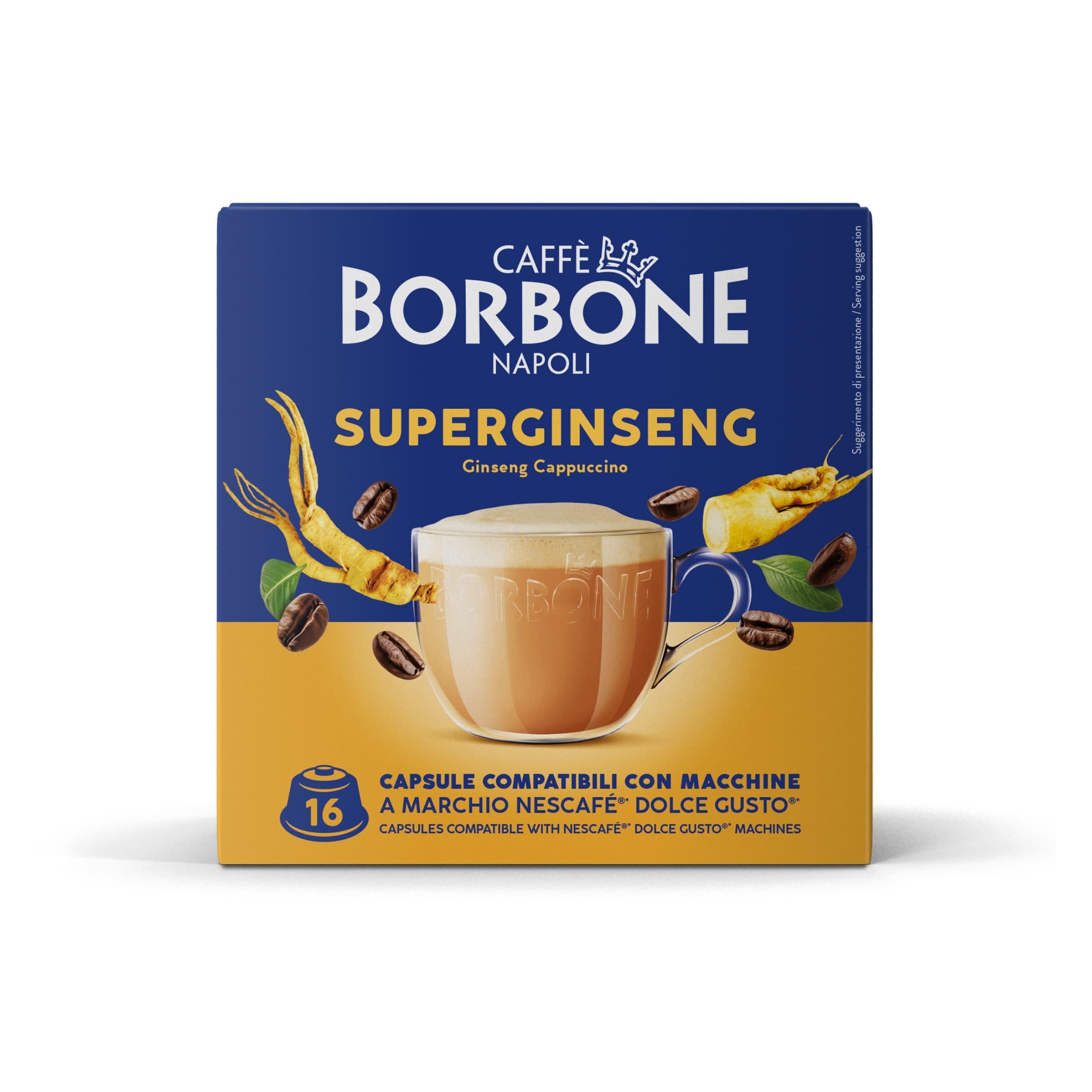 CAFFÈ BORBONE 154 cápsulas compatibles con las máquinas Nescafé® Dolce Gusto® - Kit surtido: 90 cápsulas de Espresso Fuerte 8/10 + 64 de Ginseng (4 paquetes de 16)