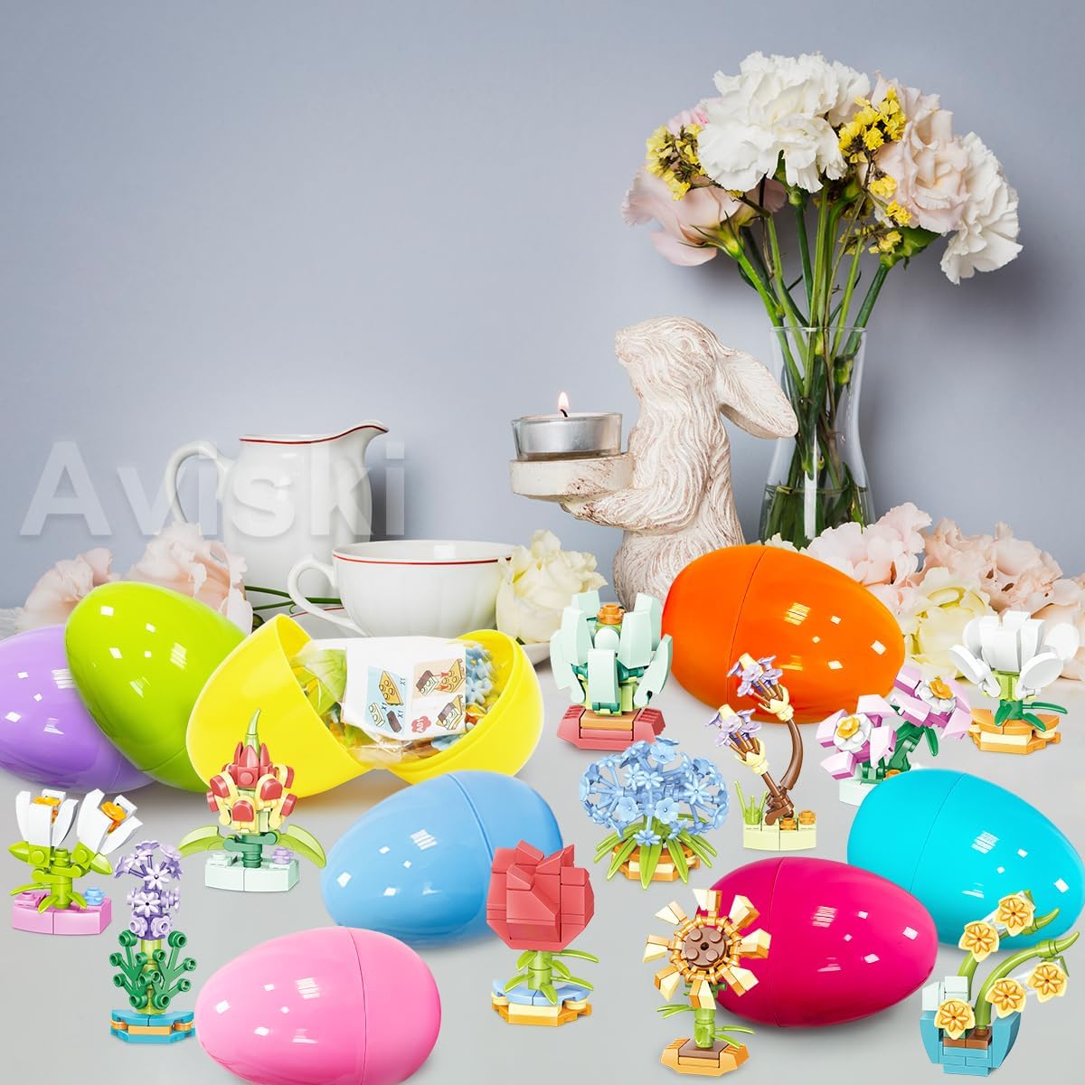 Aviski 12Pcs Easter Plastic Eggs with Flower Building Blocks for Easter Theme Party Favors, Supplies for Easter Egg Hunt, Basket Stuffers/Fillers, Classroom Prize Supplies Toddler Boys Girls