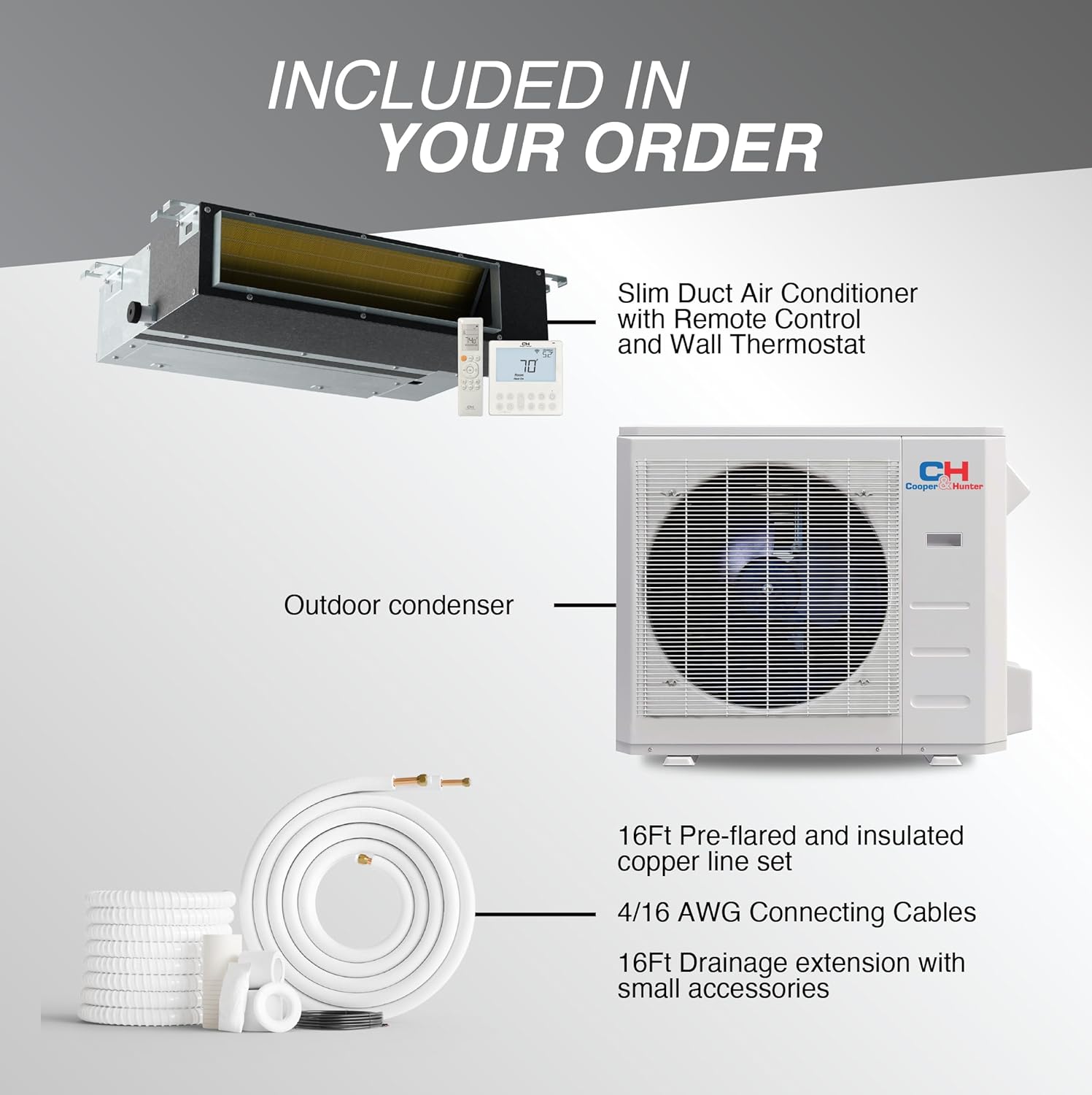 Cooper & Hunter 36,000 BTU 230V Concealed Slim Ducted Mini Split AC Heat Pump - 18.7 SEER2 - Smart App Control, 25FT Installation Kit, Built-in Drain Pump, Thermostat - Pre-Charged 3 Ton Inverter
