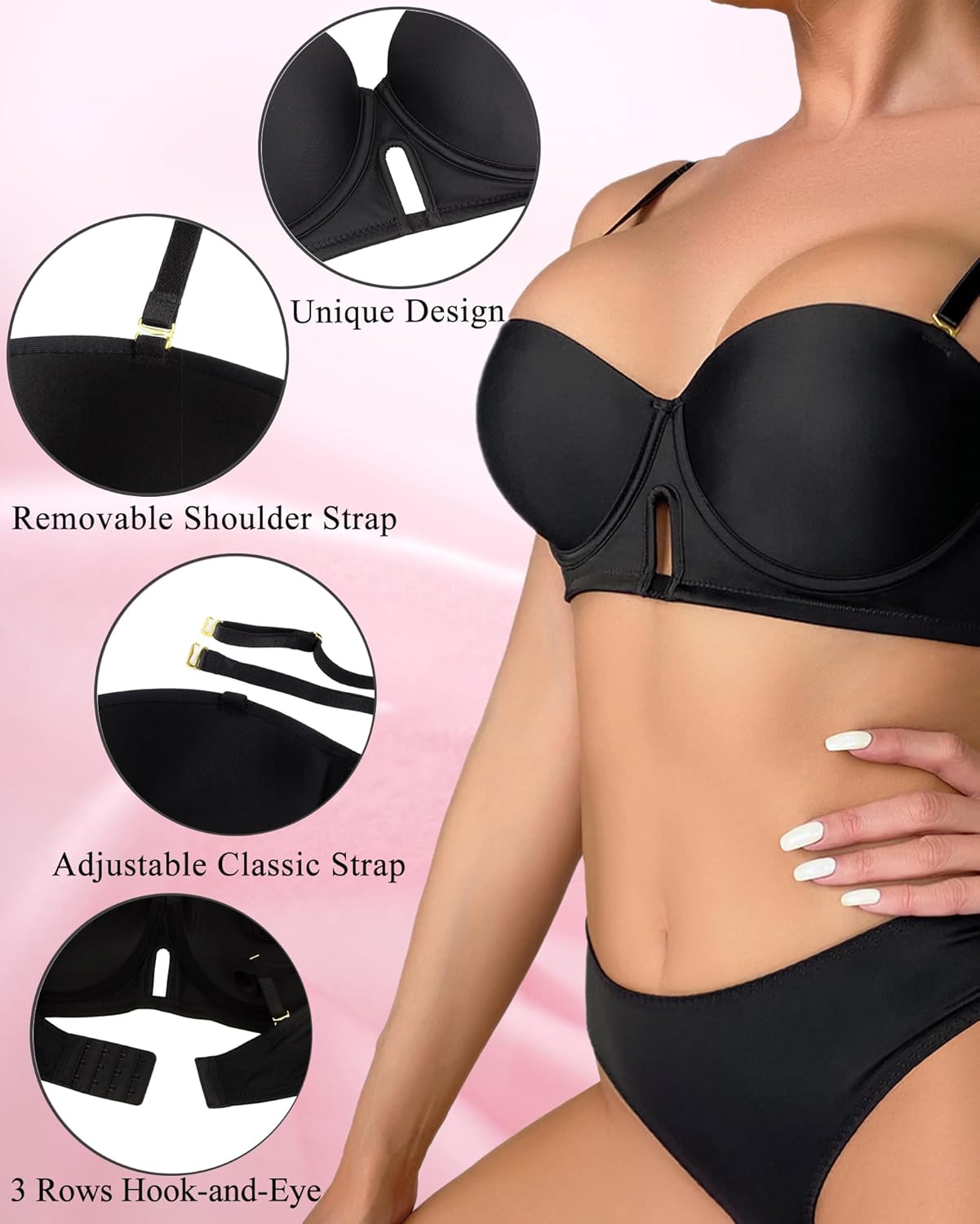 Push up Strapless Bra Comfortable Padded Demi Underwire Convertible Straps T-Shirt Multiway - Image 2