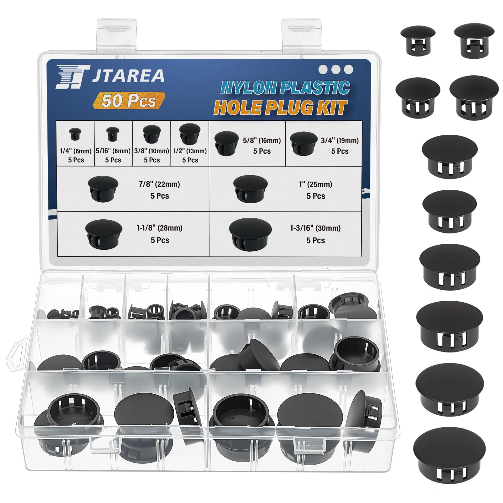 JTAREA 10Sizes Nylon Plastic Hole Plugs Kit 6mm 8mm 10mm 13mm 16mm 19mm 22mm 25mm 28mm 30mm Black Hole Cover for Furniture Cabinet