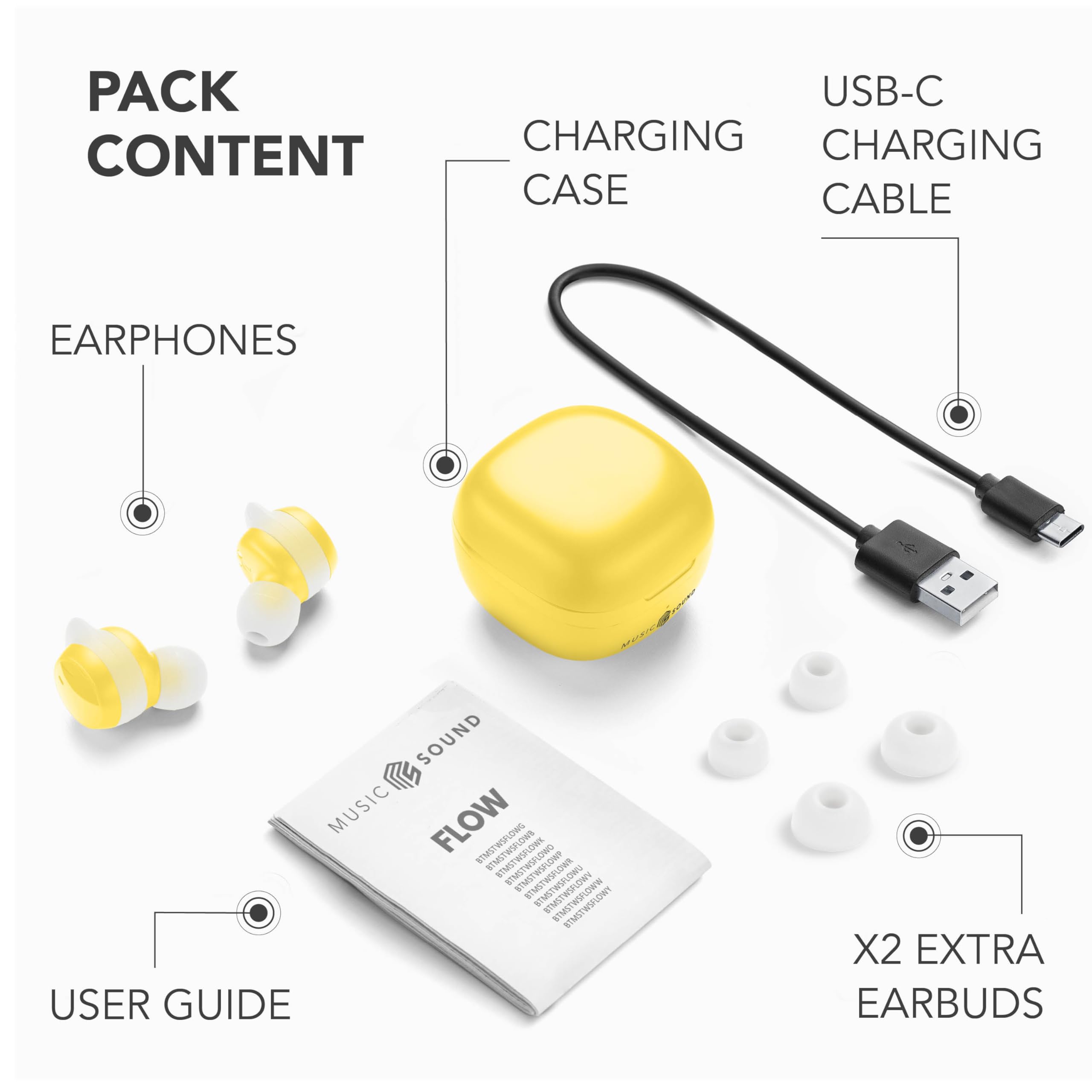 Music Sound FLOW - Bezprzewodowy zestaw słuchawkowy Bluetooth douszny - Play Time 25H - żółty