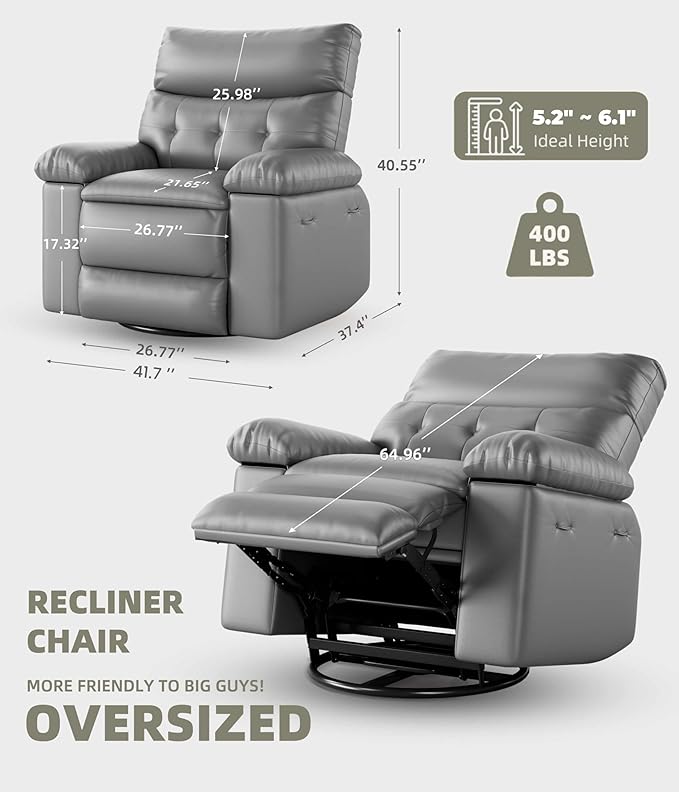 Sillón Reclinable Giratorio Grande Gris Cuero Sintético miniatura 2
