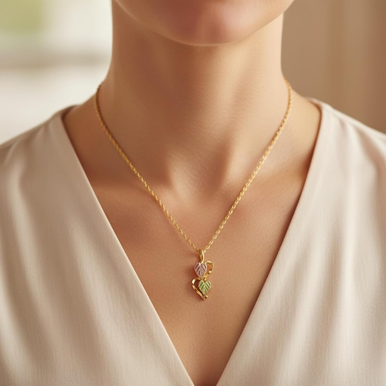 Heart on Heart Pendant Necklace for Women, 10k Yellow Gold with 12k Green & Rose Gold Black Hills Gold Leaves, 18" Chain, Gift Box Included – Romantic Symbolic Jewelry