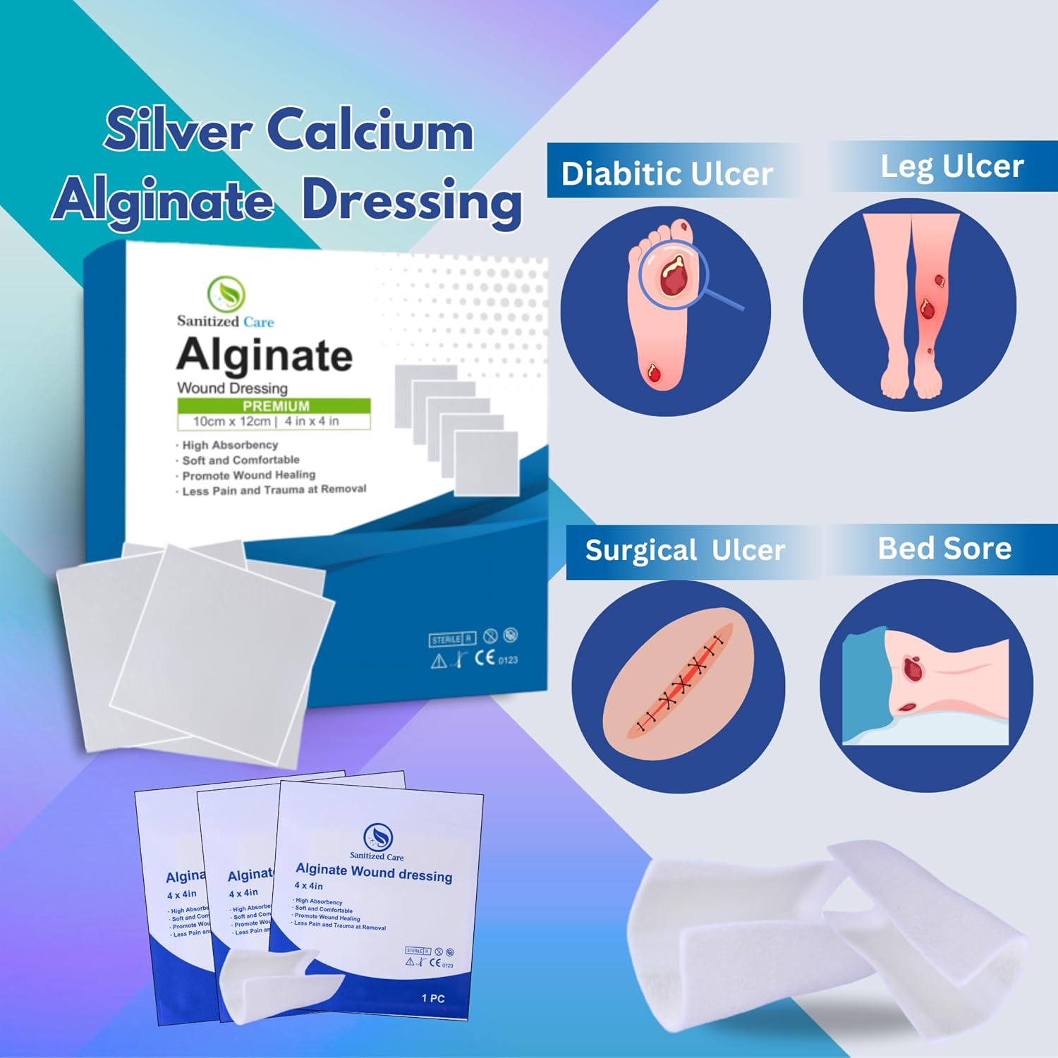 Calcium Alginate Wound Dressing, 4'' x 4'' Patches,05 Individual Sterile Pads, Soft and Highly Absorbent Dressing Gauze, Non-Stick Padding