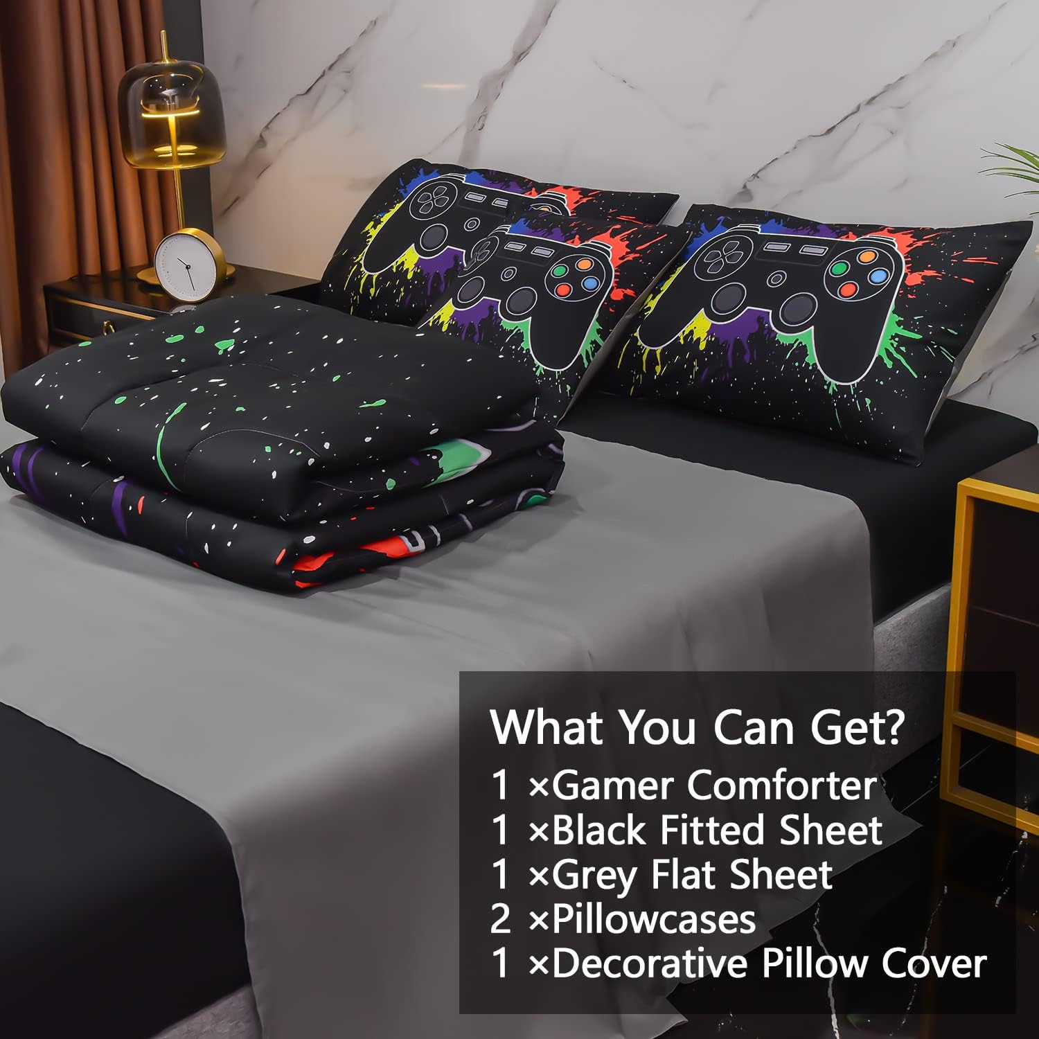 6Pcs Gamer Comforter Set with Sheets for Boys Girls Kids Teens, Colorful Graffiti Gaming Themed Bed in A Bag Twin Size, Black 3D Video Game Controller Bedroom Decor Bedding Set - Image 4