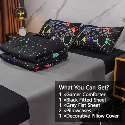 Miniatura 4 de Keyroal Juego de edredón de 6 piezas con sábanas para niños, niñas, niños y adolescentes, ropa de cama con temática de juegos de grafiti colorido en