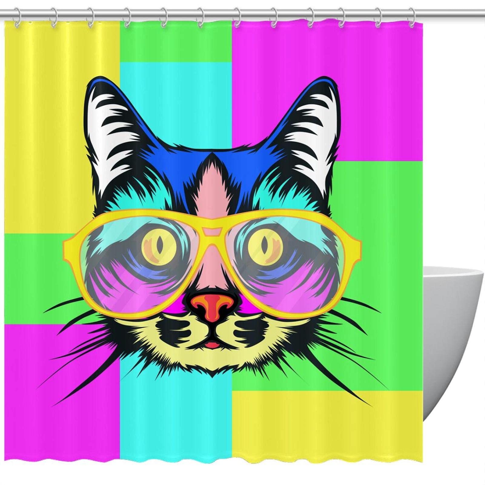 Rideau de douche imperméable lavable motif chat pop art avec 12 anneaux de douche