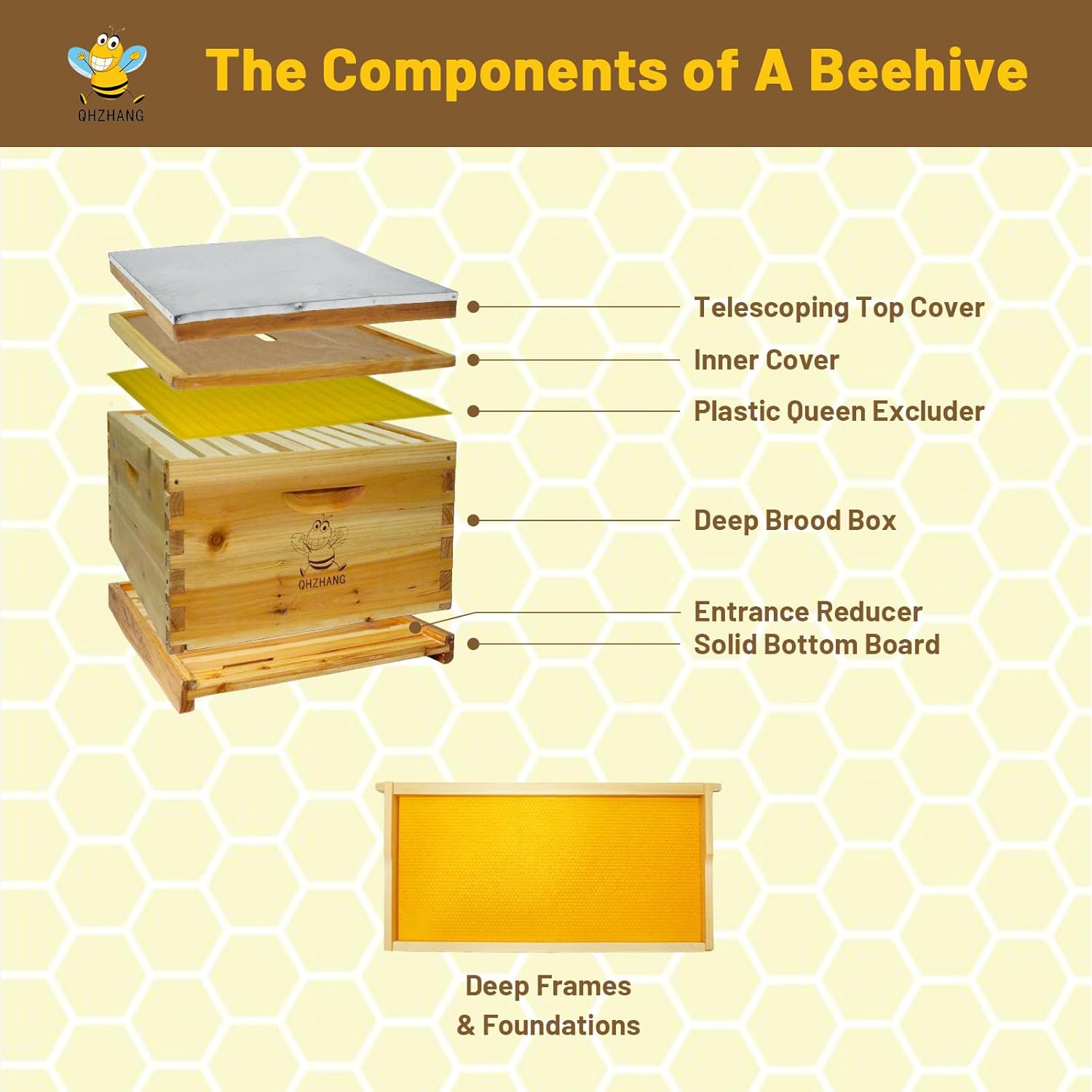 Beehive 10 Frame Bee Hives Complete Bee Hive Box Kit with 100% Beeswax Includes Beehive Frames and Beeswax Coated Foundation Boards (1 Layer)