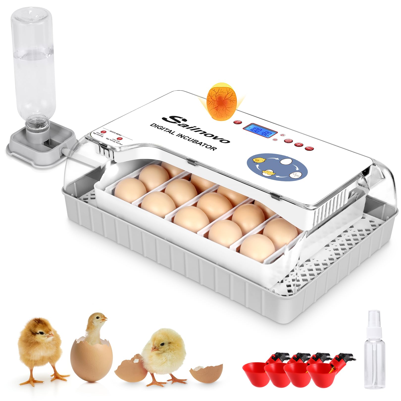 Sailnovo - 20 incubatrici per polli, altri uccelli + 20 uova + incubatrice completamente automatica + controllo della temperatura + indicatore di umidità + aggiunta di acqua esterna - bianco