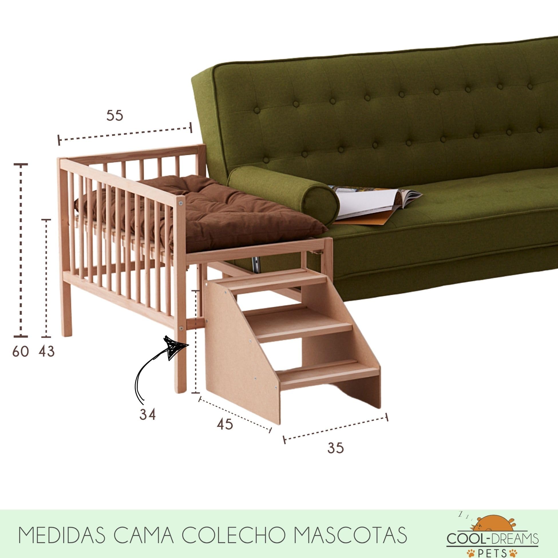 Cama Elevada Perro y Gato de Madera con Escalera | Faunatic CoolDreams | Colchón antiarañazos, dos alturas de somier, estructura de madera. Escalera con 3 peldaños y kit para fijar con cama