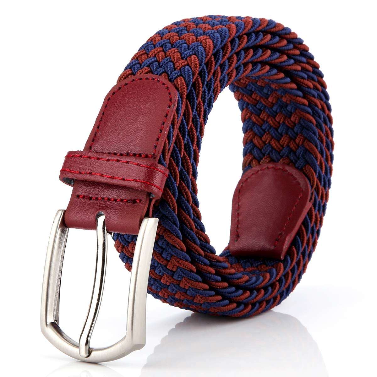 Braided Canvas Woven Elastic Stretch Belts for Men/Women/Junior with Multicolored, Wineblue, Medium/32"-34" Waist