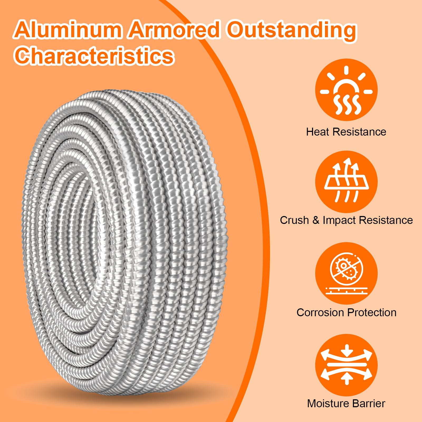Câble électrique de calibre 6 avec blindage en aluminium, conducteurs en cuivre nu solide pour installation souterraine intérieure ou extérieure (1,6 m, 22,9 m)