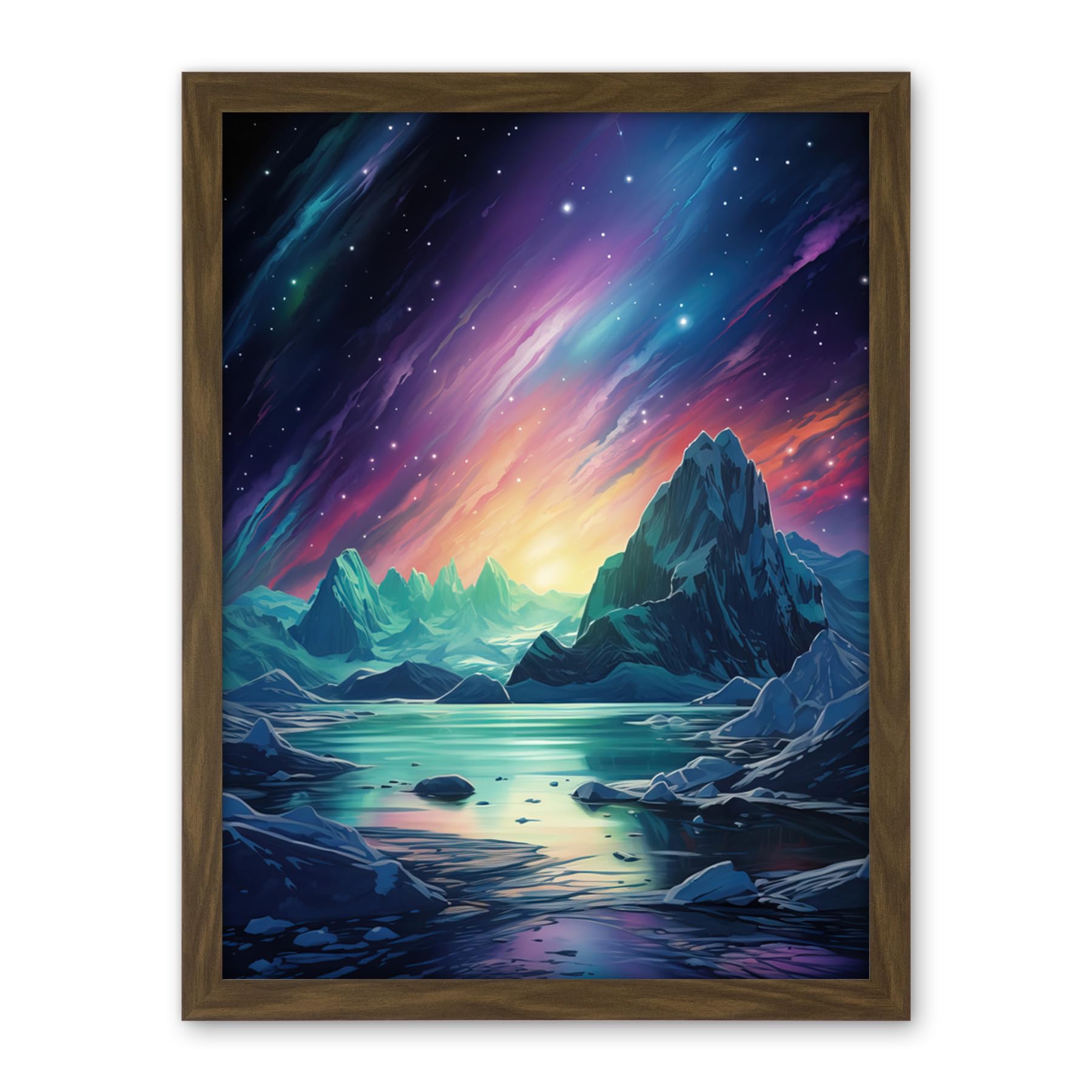 Artery8 Purple Aurora Borealis Dawn in Antarctica Oil Painting Blue Green Enchanting Arctic Ice Fantasy Landscape Artwork Framed Wall Art Print 18X24 Inch