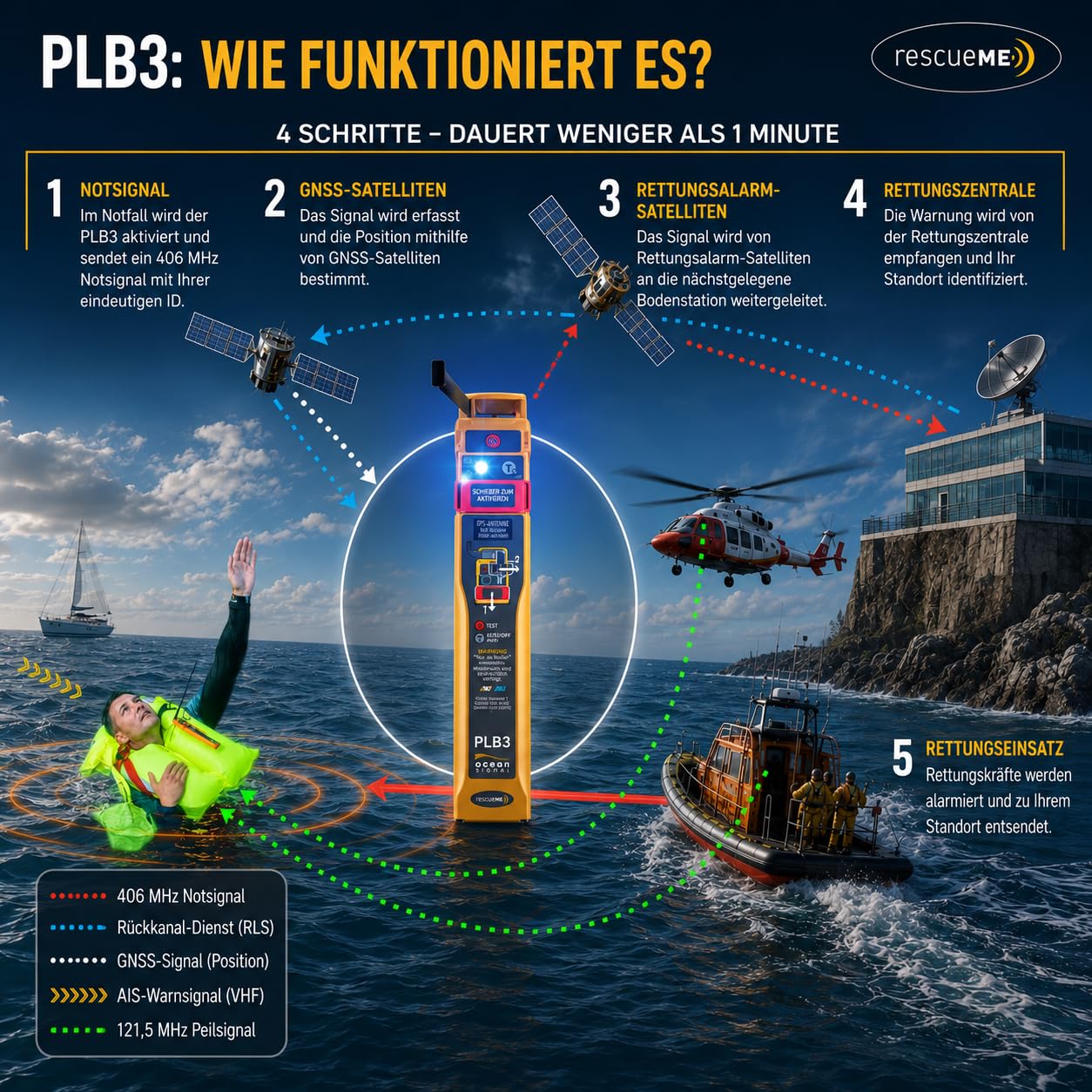 Ocean Signal rescueME PLB3 – pierwszy na świecie PLB z AIS, NFC i aplikacją mobilną – globalny sygnał nawigacyjny GPS 406 MHz z RLS, 121,5 MHz Homing, projekt gotowy do PFD, bez subskrypcji, czas