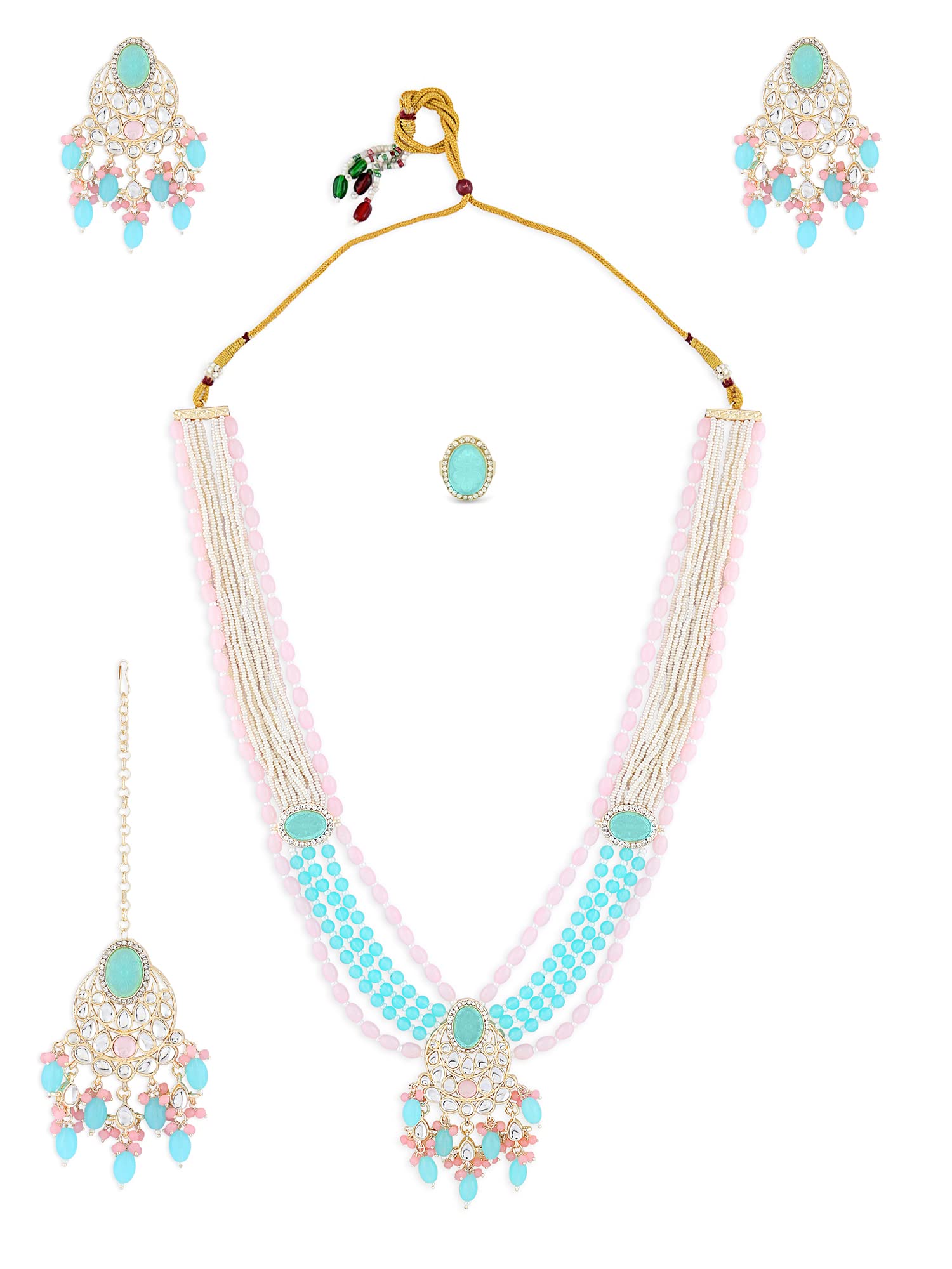 ZAVERI PEARLS Turquoise Blue Pink Multistrand Necklace Earring Maangtikka Ring Set For Women-ZPFK15975 (B0C4H2ZPY5) Amazon Price History, Amazon Price Tracker