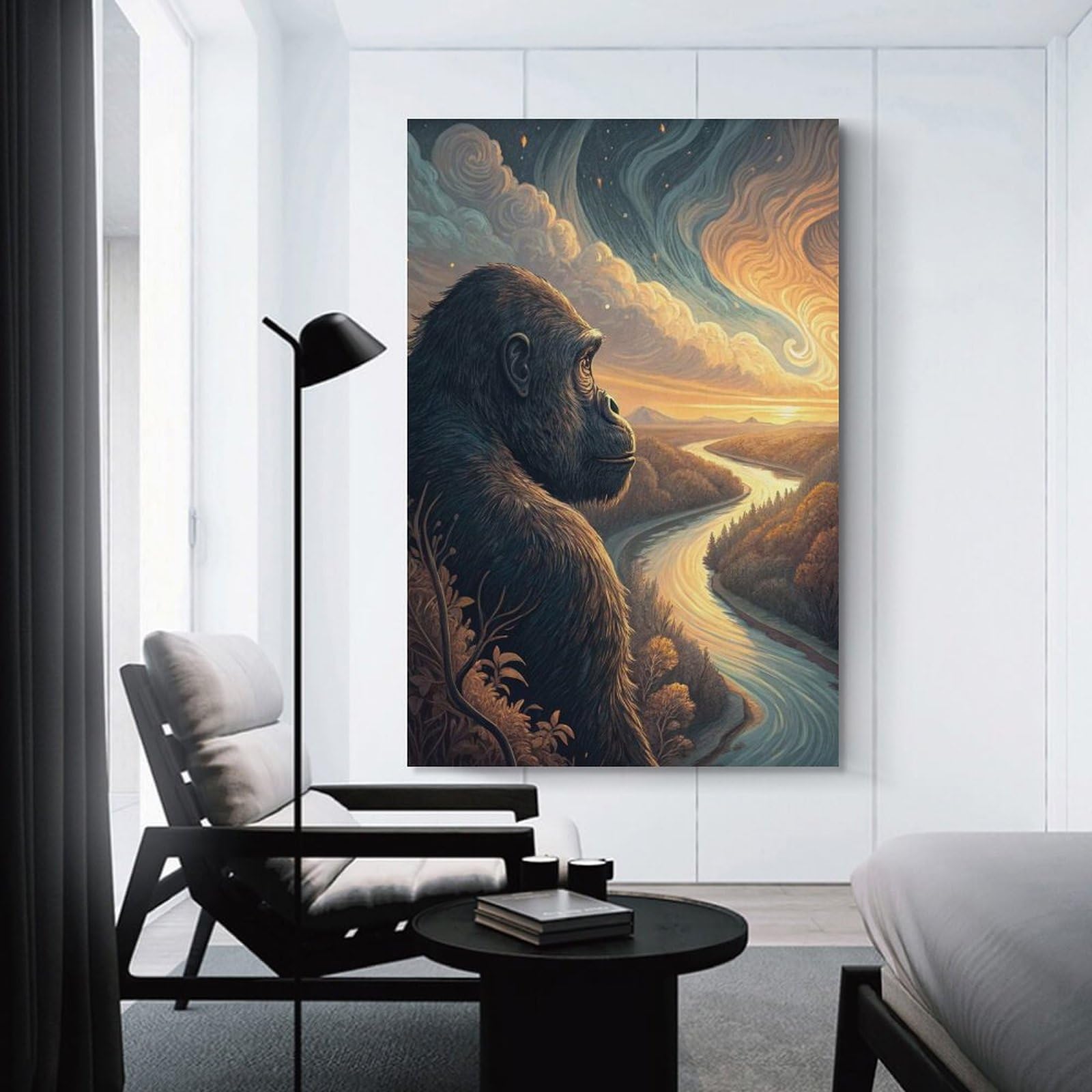 Junmoney Wall Picture Print Gorilla Overlooking A River at Sunset, 24x36inch(60x90cm), for Entrance Walls, Hall Decor Or Foyers, A Neat Decor Update for Hallways