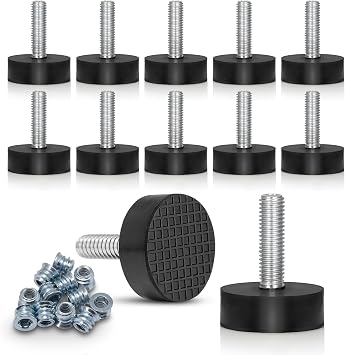 12PK Rubber M6 Leveling Feet, Adjustable Levelers with Inserts | Solid all-rubber leveler, 0.35 to 0.85 inch adjustable height, levels wobbly table & chair legs, grips without scratching