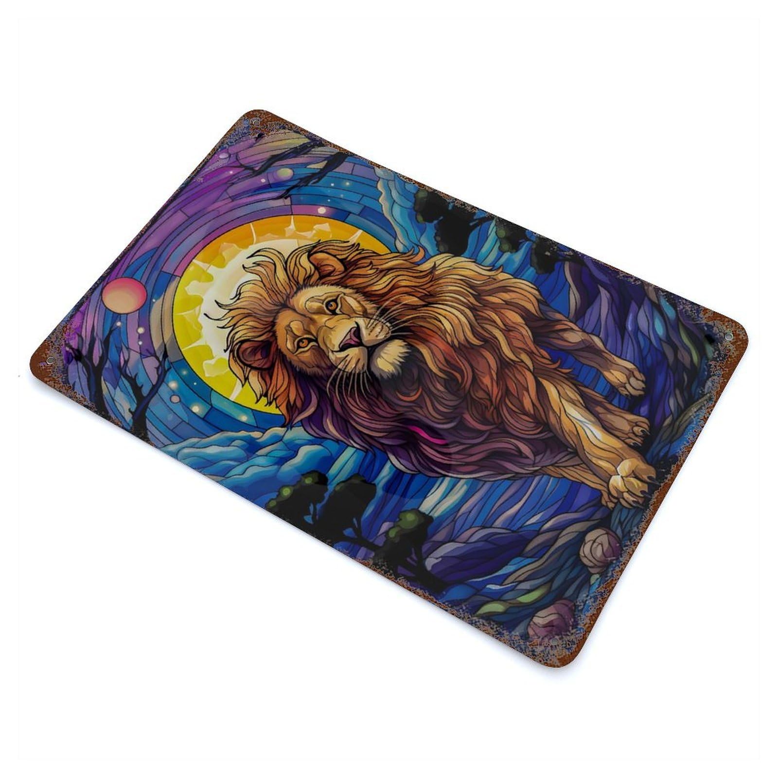 Abstract Lion Stained Glas Distressed Metal Wall Sign 11.8"x7.9", Ideal for Garage, Bar And Workshop Decor