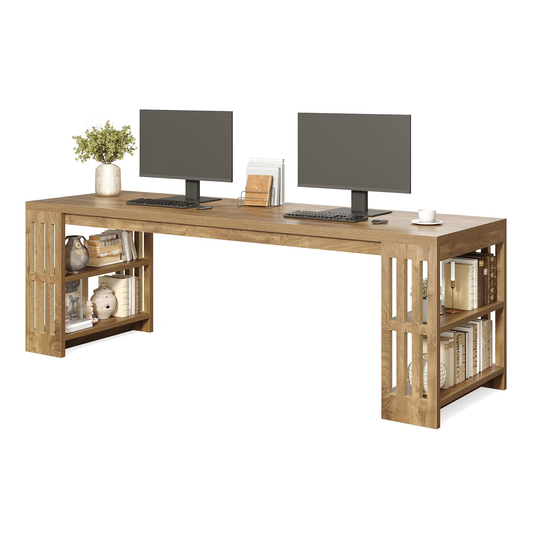 LITTLE TREE 78.7" Long Desk, 2 Person Desk with Shelves, Large Wooden Computer Desk, Heavy Duty Shelf Legs Design for Two Person Home Office, Business