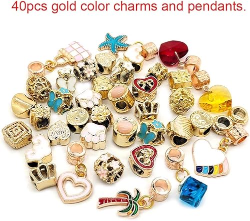 Miniatura 2 de Cuentas mixtas, 40 piezas de dijes para hacer joyas, cuentas de aleación de agujero grande de rinesotono, varios colores y estilos al azar, Oro