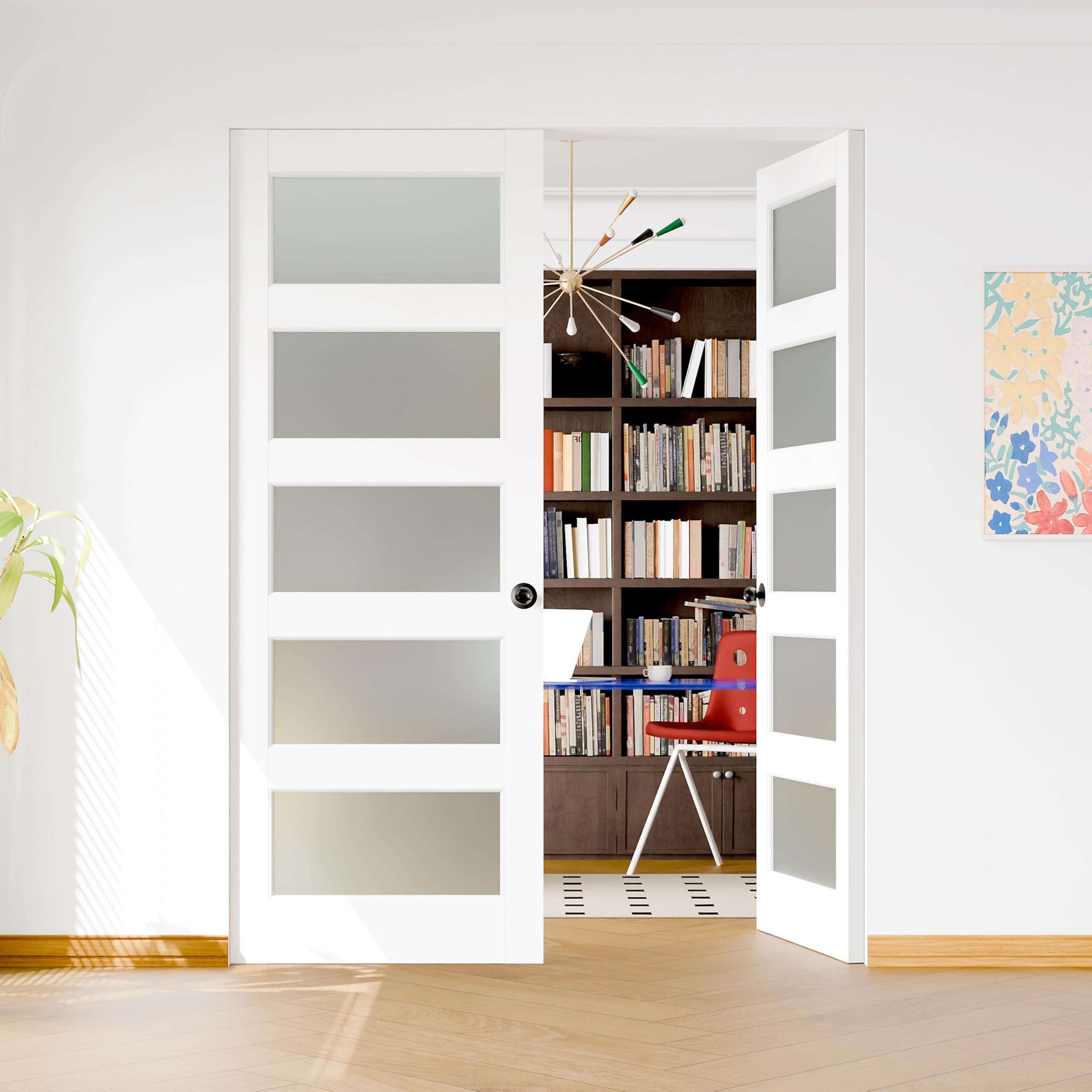 (24" x 2) x 80" Frosted Glass French Door Slab, White 5 Lite Pantry Door with Black Knobs &amp; Lock, Pre-Drilled, Easy to Assemble Interior Doors for Bathroom, Bedroom, Laundry