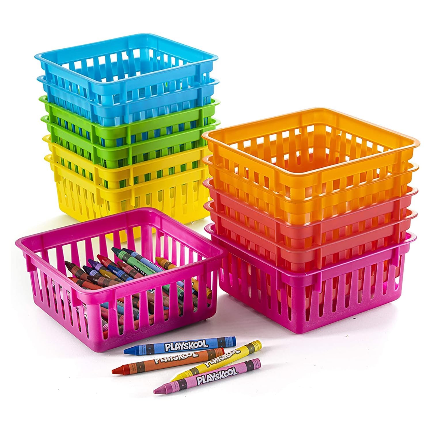 PREXTEX Classroom Storage Baskets - Crayon & Pencil Container - Classroom Organization - Multicolor Plastic Square Baskets, 5x5x3 Inches, 12 Count