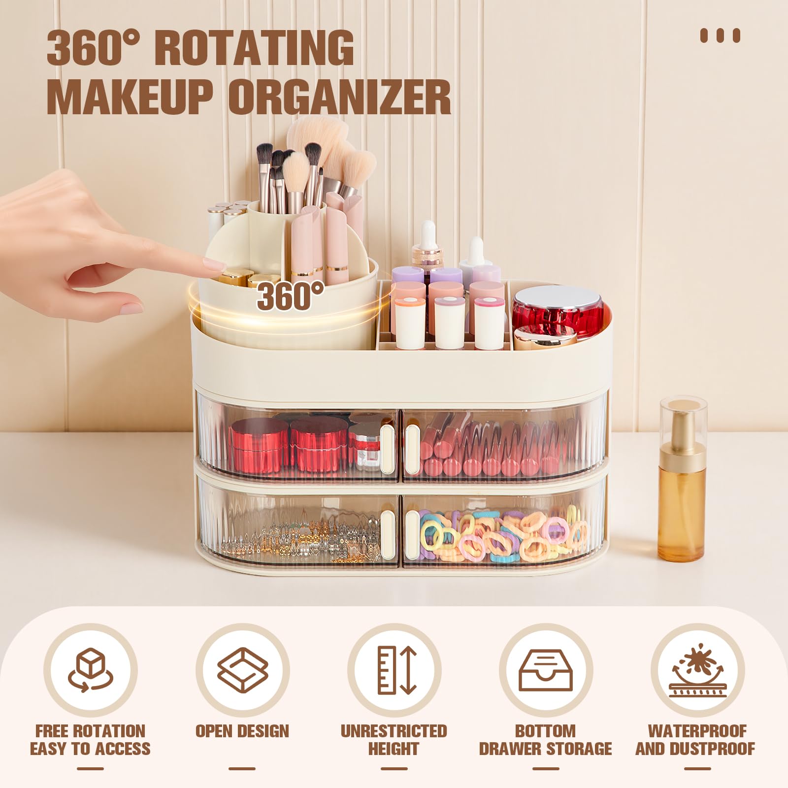 FoiiLiio Make Up Organizer per Cosmetici con 2 Rotazione Cassetti, Grande Porta Cosmetici Multifunzionale con Rotazione a 360°, per trucco adatto per gioielli, spazzole, rossetto e creme (Beige)