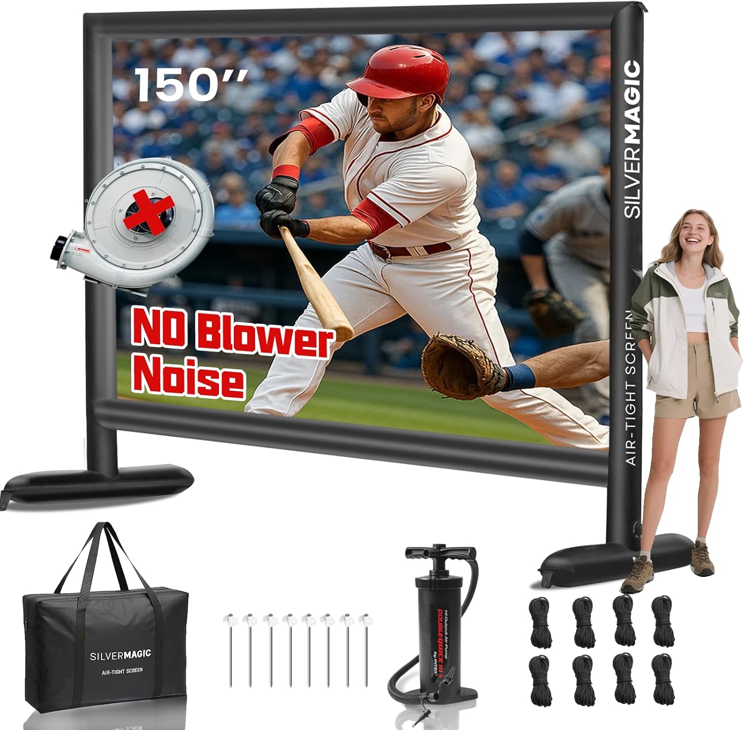 Silent Inflatable Projector Screen I Air-Tight No-Blower Design, Black Backing, 180 inch (Equivalent to 20ft) for Indoor & Outdoor Use Backyard, Pool, Camping, Office, Church by Silvermagic