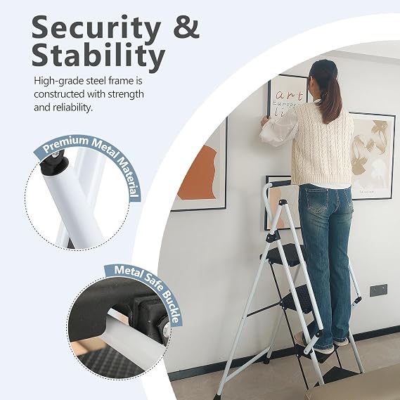 Step Ladders 5 Step Folding, Folding Step Ladder with Handle, Step Stool Ladder with Rubber Feet Capacity 500lbs, Tall Ladders for Home High Ceilings (White, 5 Tier Iron)