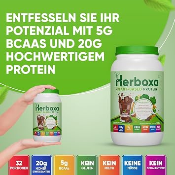 Herboxa Vegetable Vegan Protein with Creamy Chocolate Flavour - Rich in Vegetable Proteins (Rice Protein Pea Protein Sunflower Protein) - with Green Superfoods Complex BCAAs Digestion