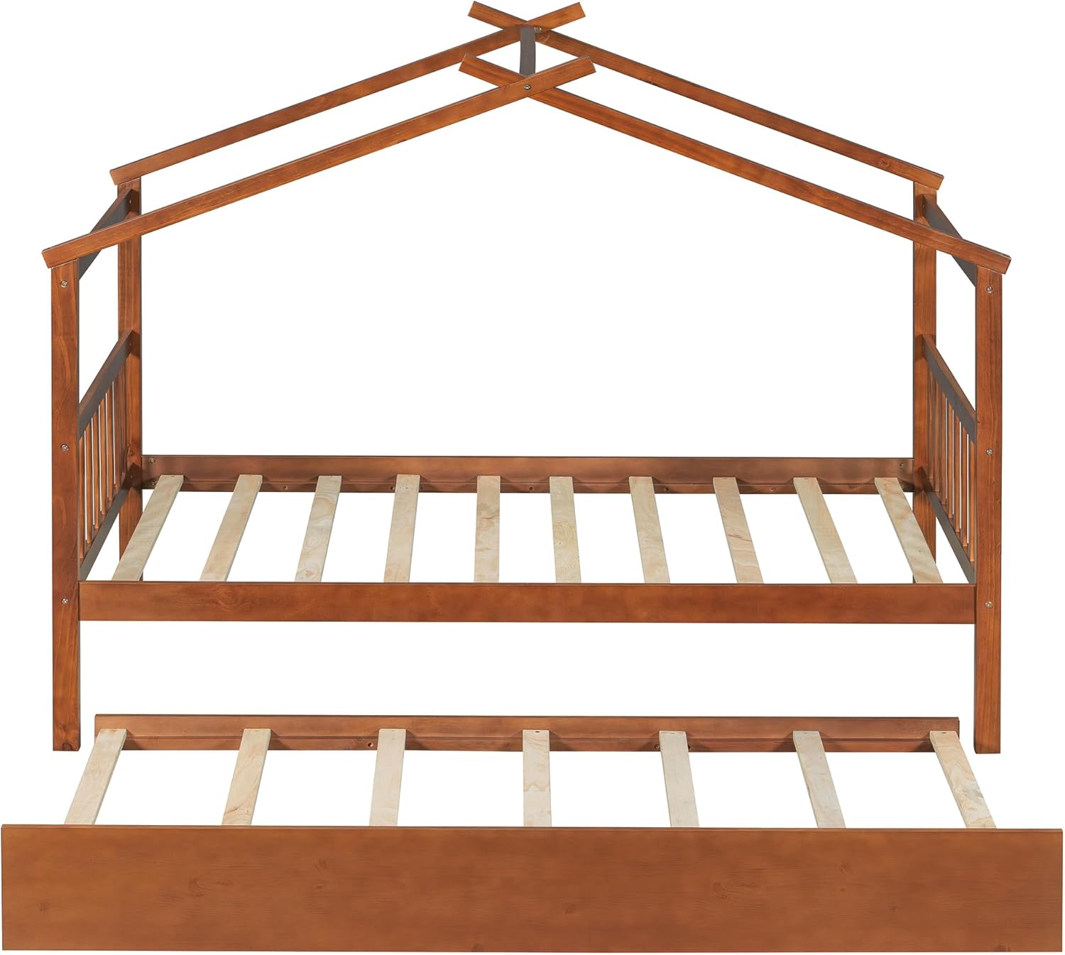 Polibi Wooden House Bed with Twin Size Trundle,House-Shaped Platform Floor Bed Frame for Toddlers Girls Boys Teens,Twin Size,Walnut