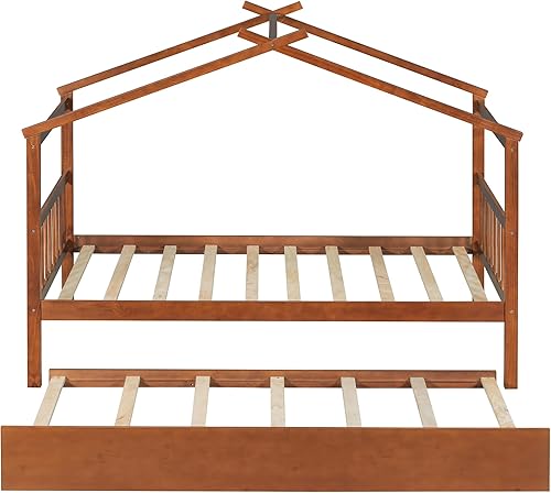 Miniatura 4 de Cama individual de casa con nido para niños, cama individual de madera con techo, marco de cama de plataforma de tamaño individual, cama con dosel