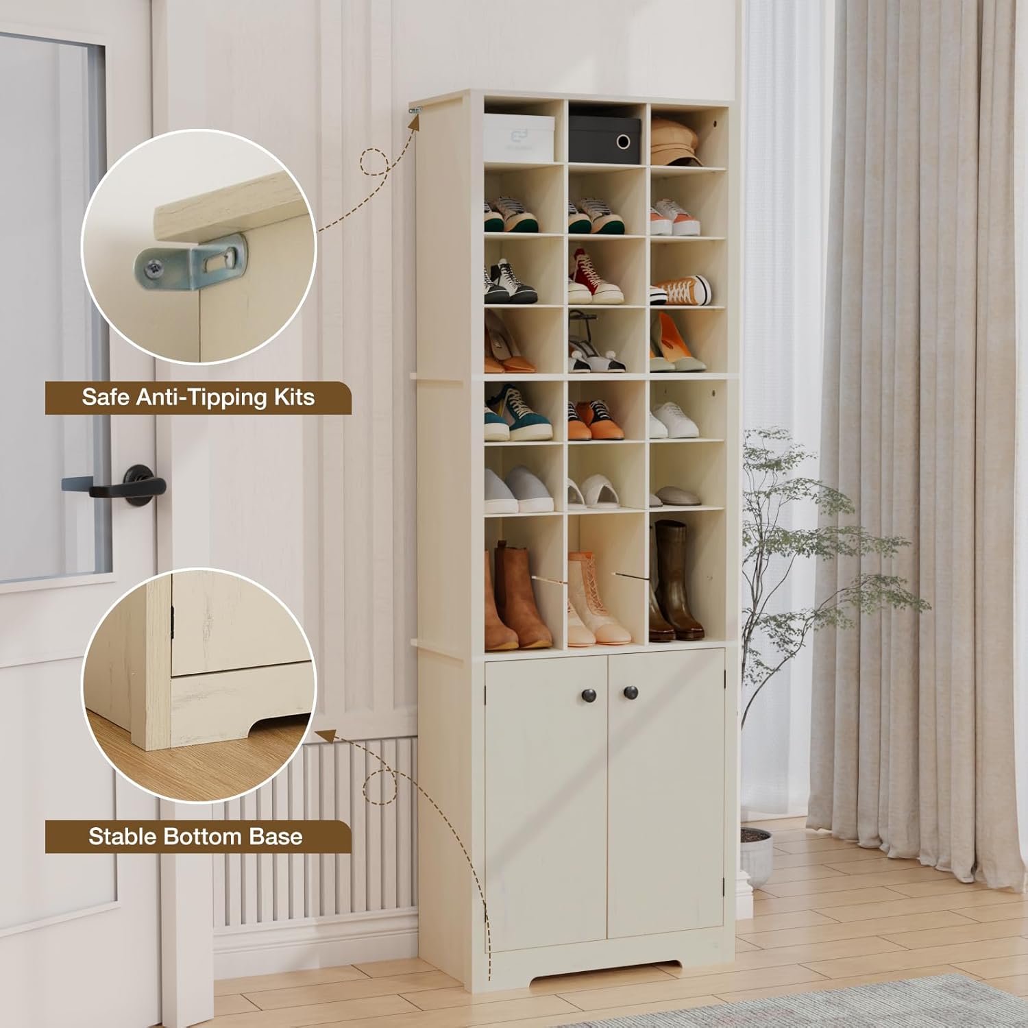 HOMMPA 72'' Beige Tall Shoe Cabinet, Freestanding Tall Shoe Rack with Bottom Cabinet, 8-Tier 24 Cubbies Wooden Shoe Storage Organizer with Adjustable Shelves for Entryway, 13" D x 24" W x 72" H