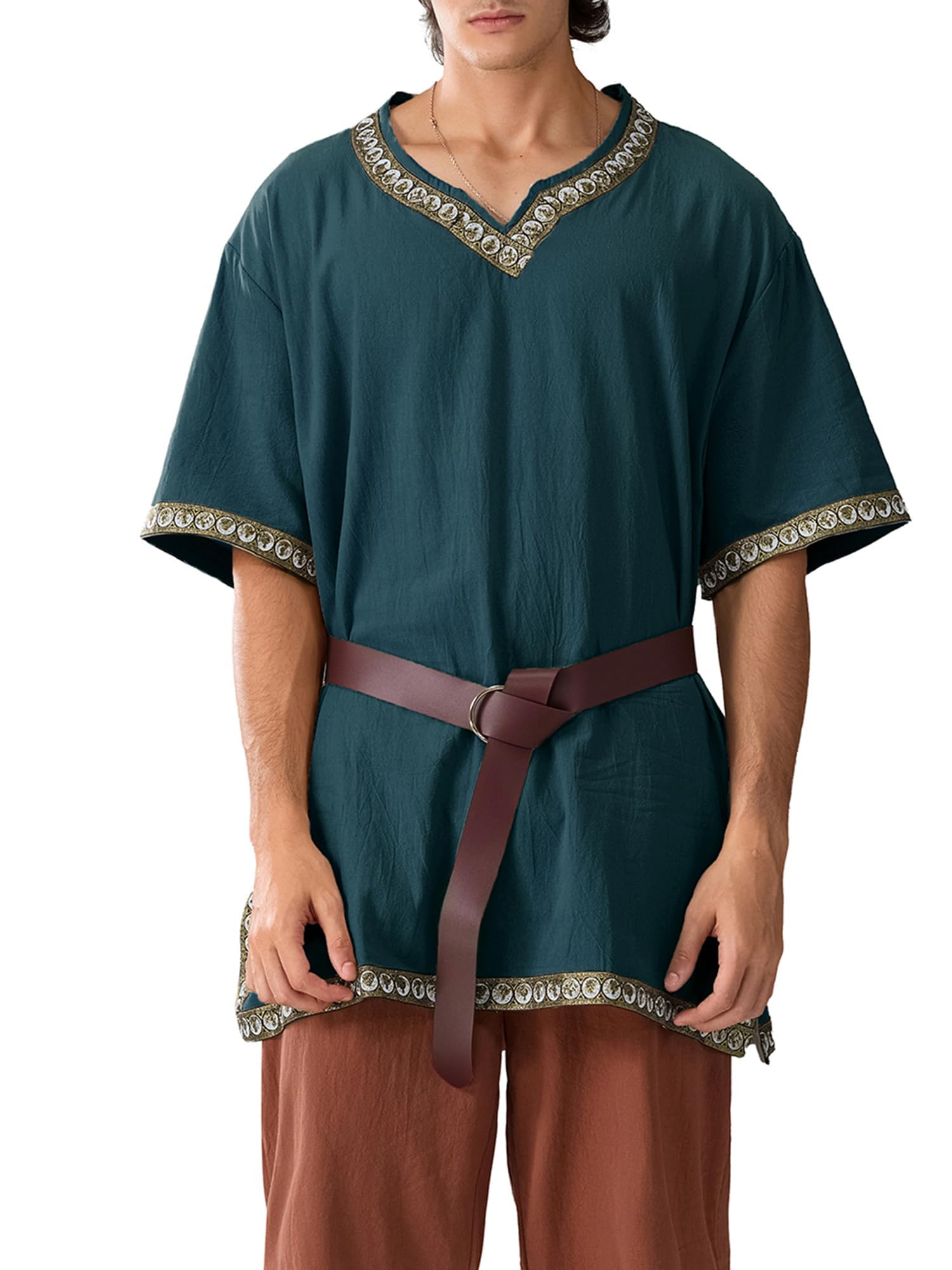 ensswliz Men Medieval Costume Renaissance Templar Tunic Viking Knight Pirate Vintage Warrior Halloween Cosplay Party Tops No Belt (A-Navy Blue, XL)