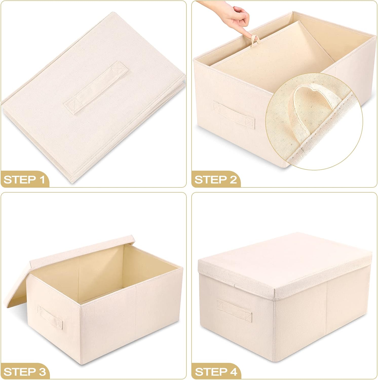 Vailando Storage Bin 2 Pack, Large Storage Bins with Lids, Decorative Storage Boxes Fabric Cotton Linen Collapsible Basket for Bedroom Closet Shelves Office Nursery (Beige)